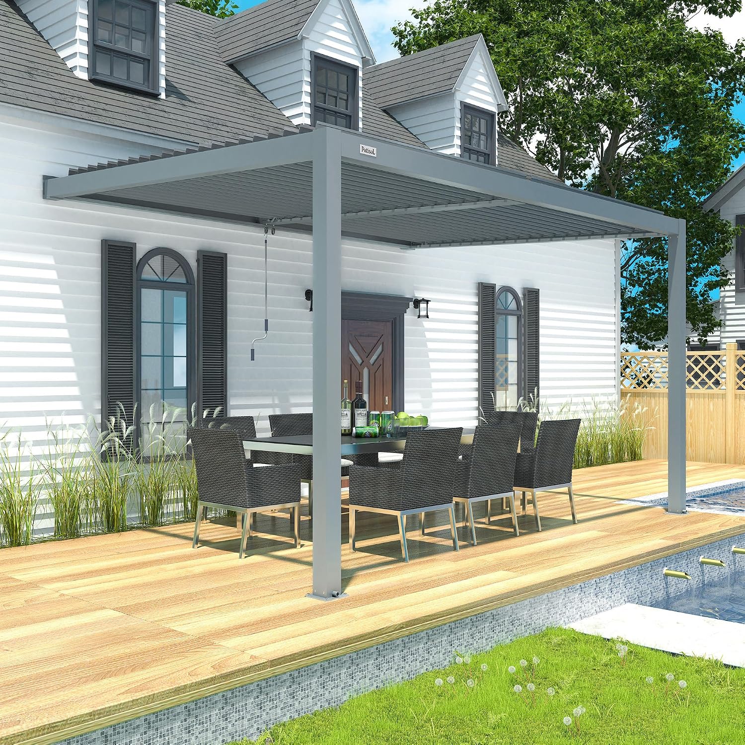 PATISOL Louvered Pergola 13'x10' Outdoor Full Aluminum Wall Mounted with Adjustable Roof Hardtop Rainproof Gazebo for Deck, Garden, Yard (Grey)
