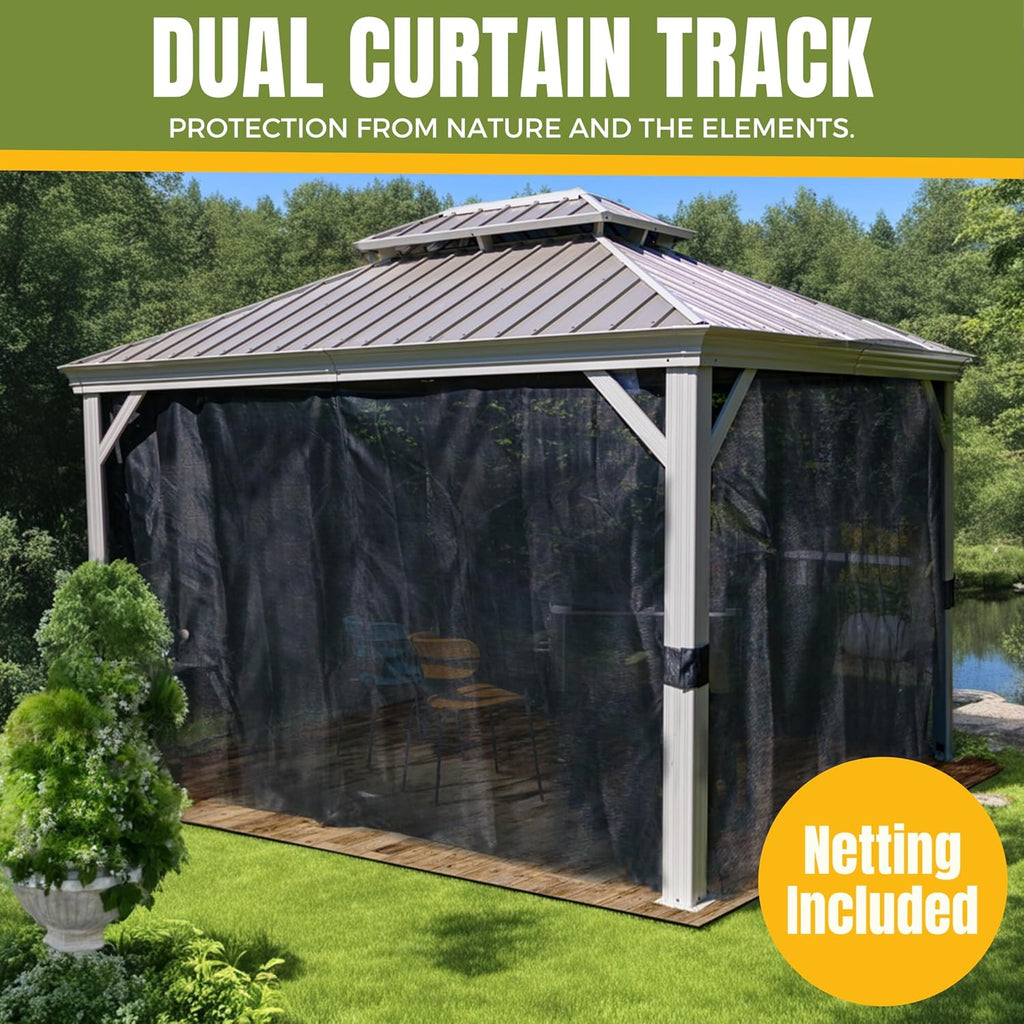 Hardtop Gazebo with Galvanized Steel Double Roof, Rustproof Aluminum Frame, Privacy Netting, and All-Weather Outdoor Shelter, Beige (12x12)