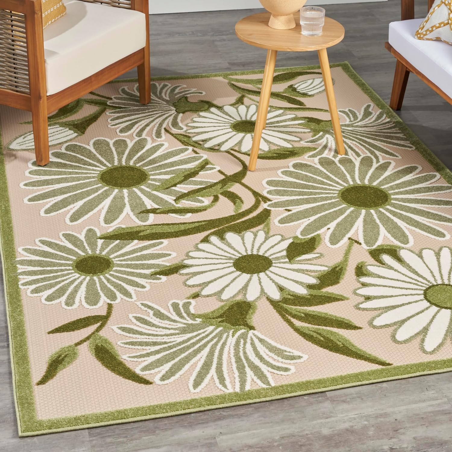 Nourison Home Aloha Ivory Green 6' x 9' Area Rug - Easy Clean, Non Shedding, Bed Room, Living Room, Dining Room, Kitchen (6' x 9')