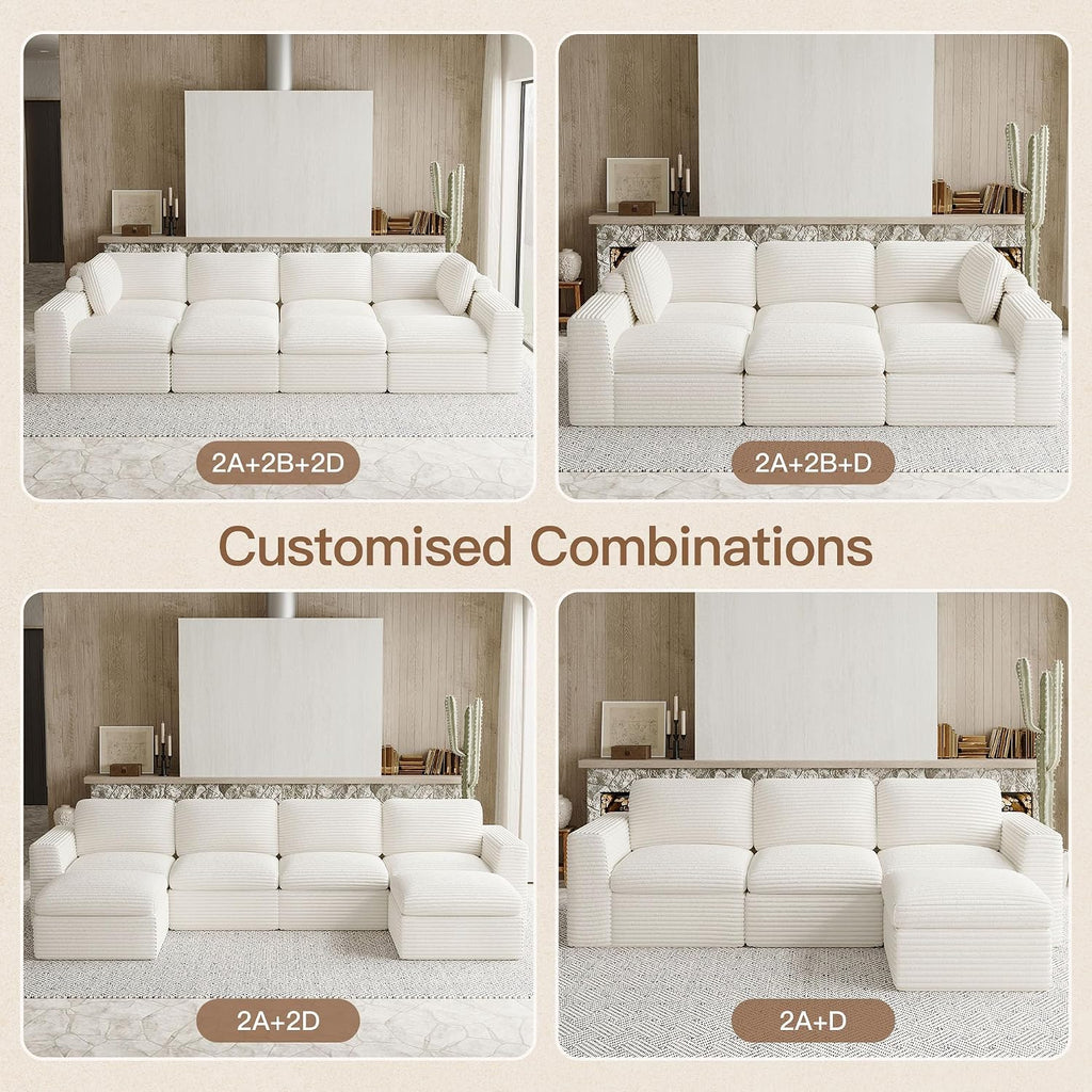 Cloud Modular Sectional Sofa with Ottoman Boneless Sectional Couches for Living Room Plush Corduroy Fabric 3-Seater U Shaped Couch.White Sofa.