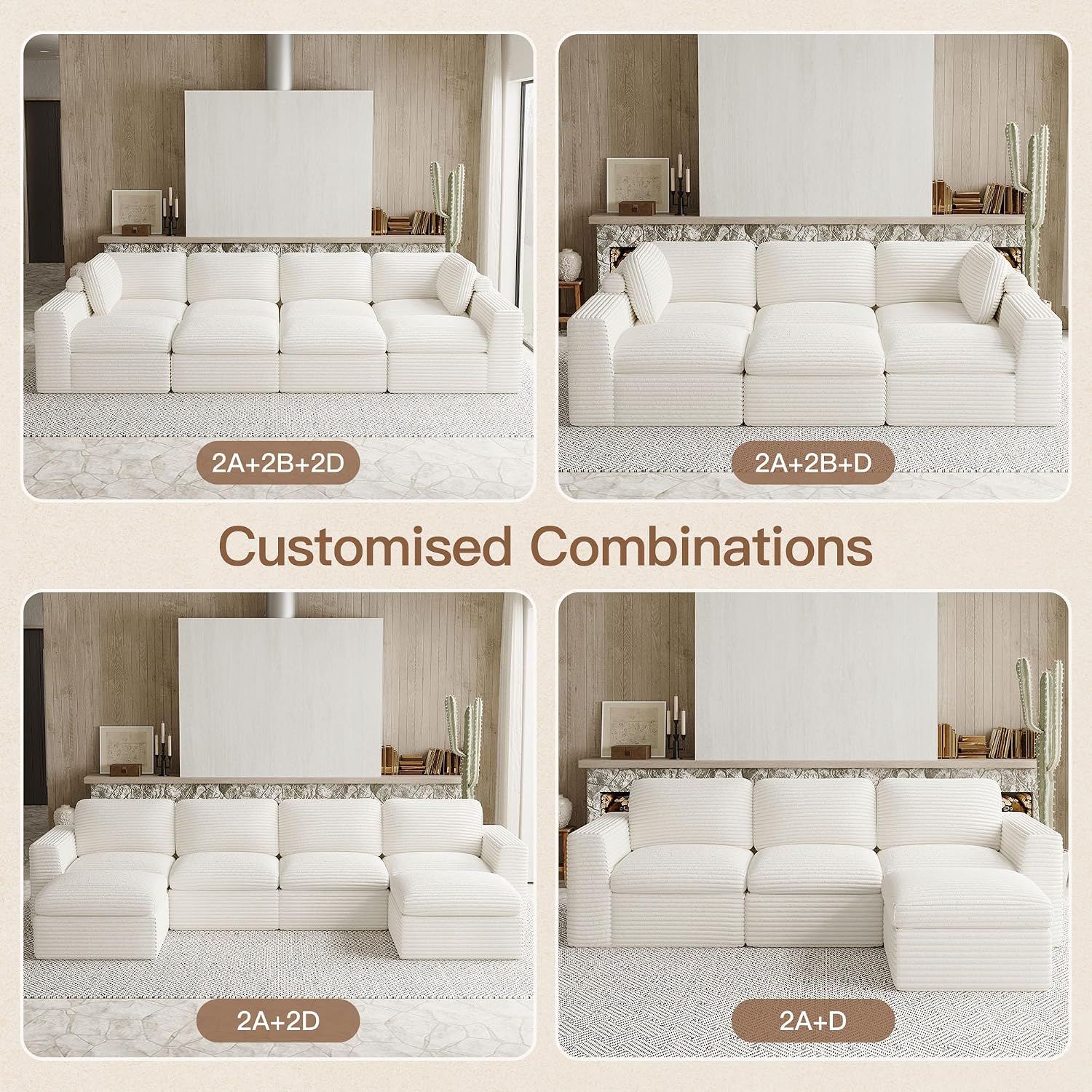 Cloud Modular Sectional Sofa with Ottoman Boneless Sectional Couches for Living Room Plush Corduroy Fabric 3-Seater U Shaped Couch.White Sofa.
