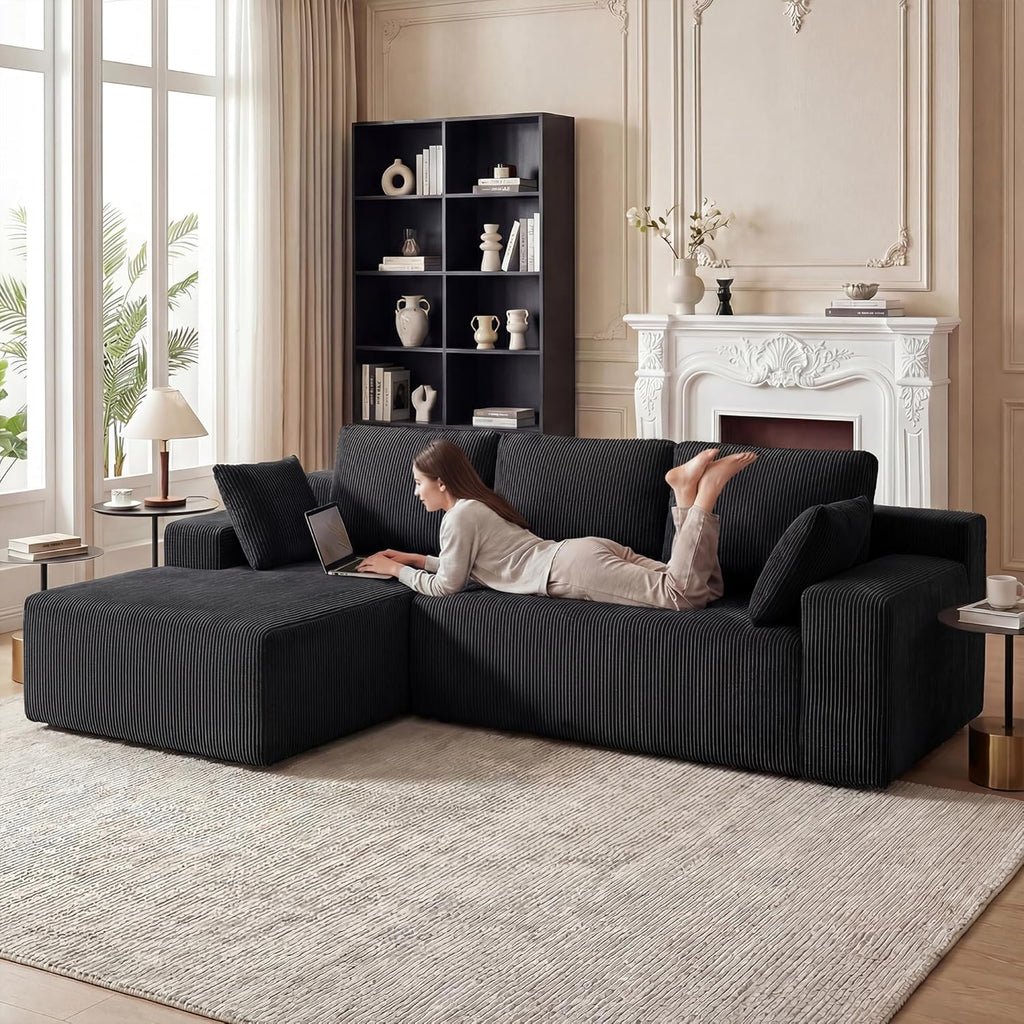 GRUSIGN Cloud Sectional Boneless Couches for Living Room, Modular L Shaped Couch with Deep Seat Oversized Left Facing Chaise, Memory Foam Compressed Spineless 3 Seater Sofa for Apartment, Black