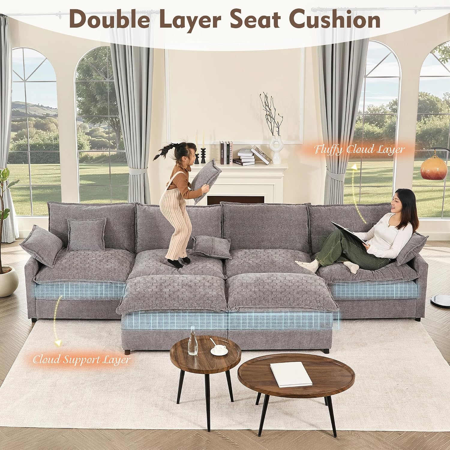 GOSUHI 142.5' U Shaped Couch, Modular Sectional Sofa, 3-Seater Comfy Cloud Couch, Set of Modular Pieces with Movable Ottoman, Deep Seat Couches for Living Room, Chenille, Slate