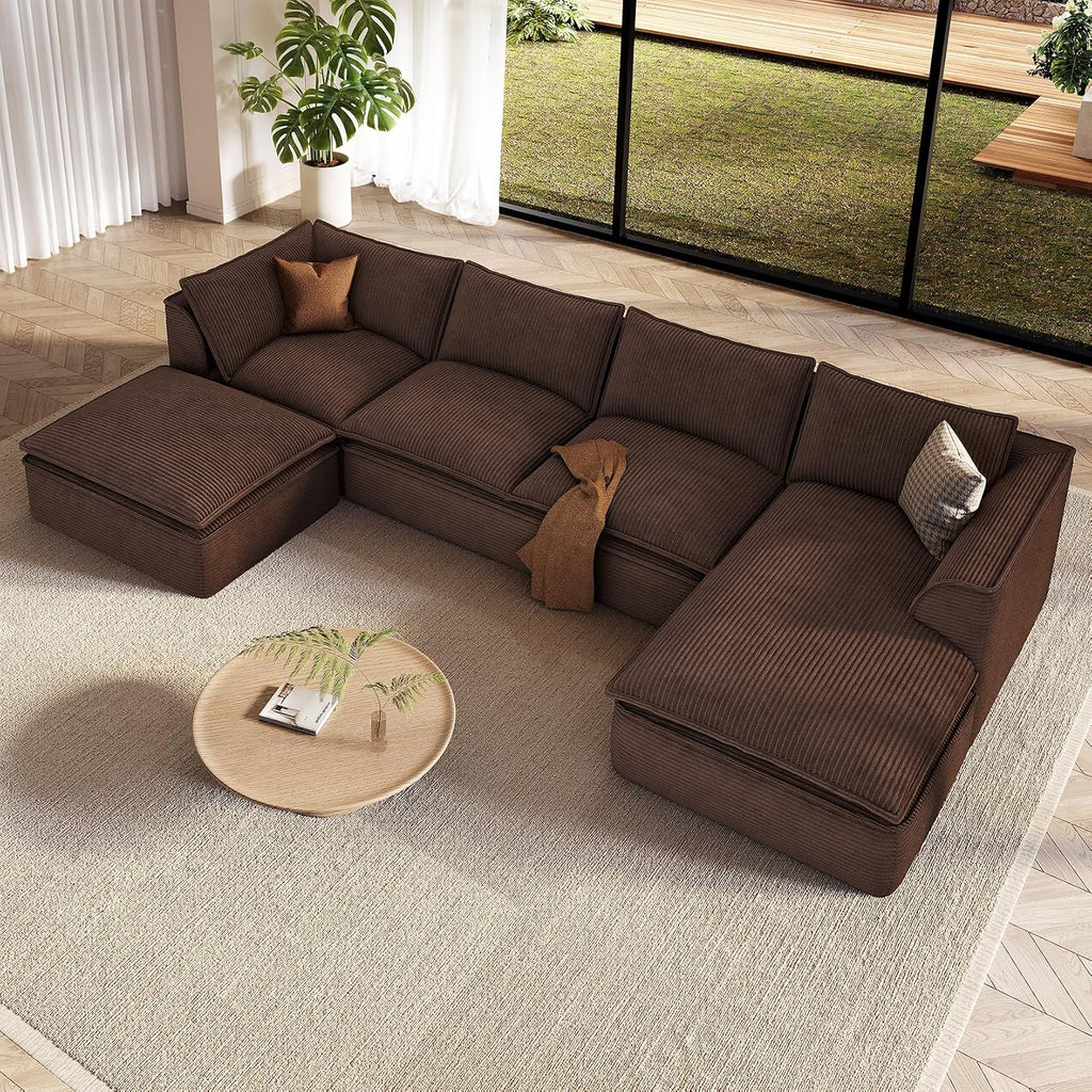 Vesgantti 141.7' U Shaped Boneless Sectional Couch, Modern 6 Seater Modular Sofa with Chaise & Ottoman, Deep Seat Corduroy Cloud Couches for Living Room, No Assembly Required, Dark Brown