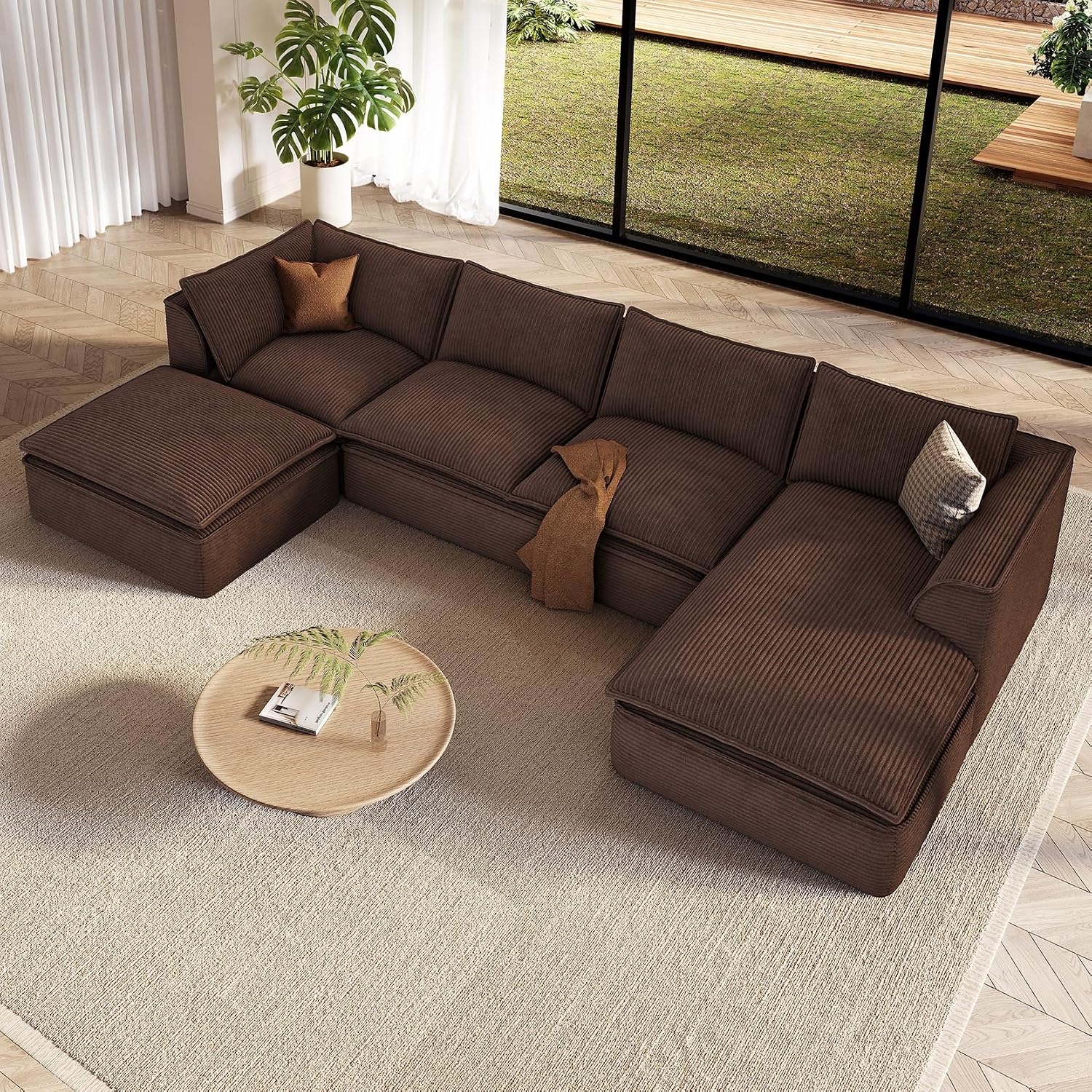 Vesgantti 141.7' U Shaped Boneless Sectional Couch, Modern 6 Seater Modular Sofa with Chaise & Ottoman, Deep Seat Corduroy Cloud Couches for Living Room, No Assembly Required, Dark Brown