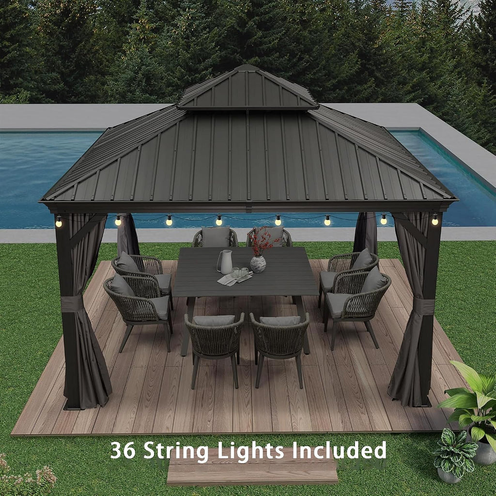 PURPLE LEAF 12' X 12' Outdoor Gazebo with Metal Roof Permanent Hardtop Gazebo with Light for Patio Lawn and Garden Grey
