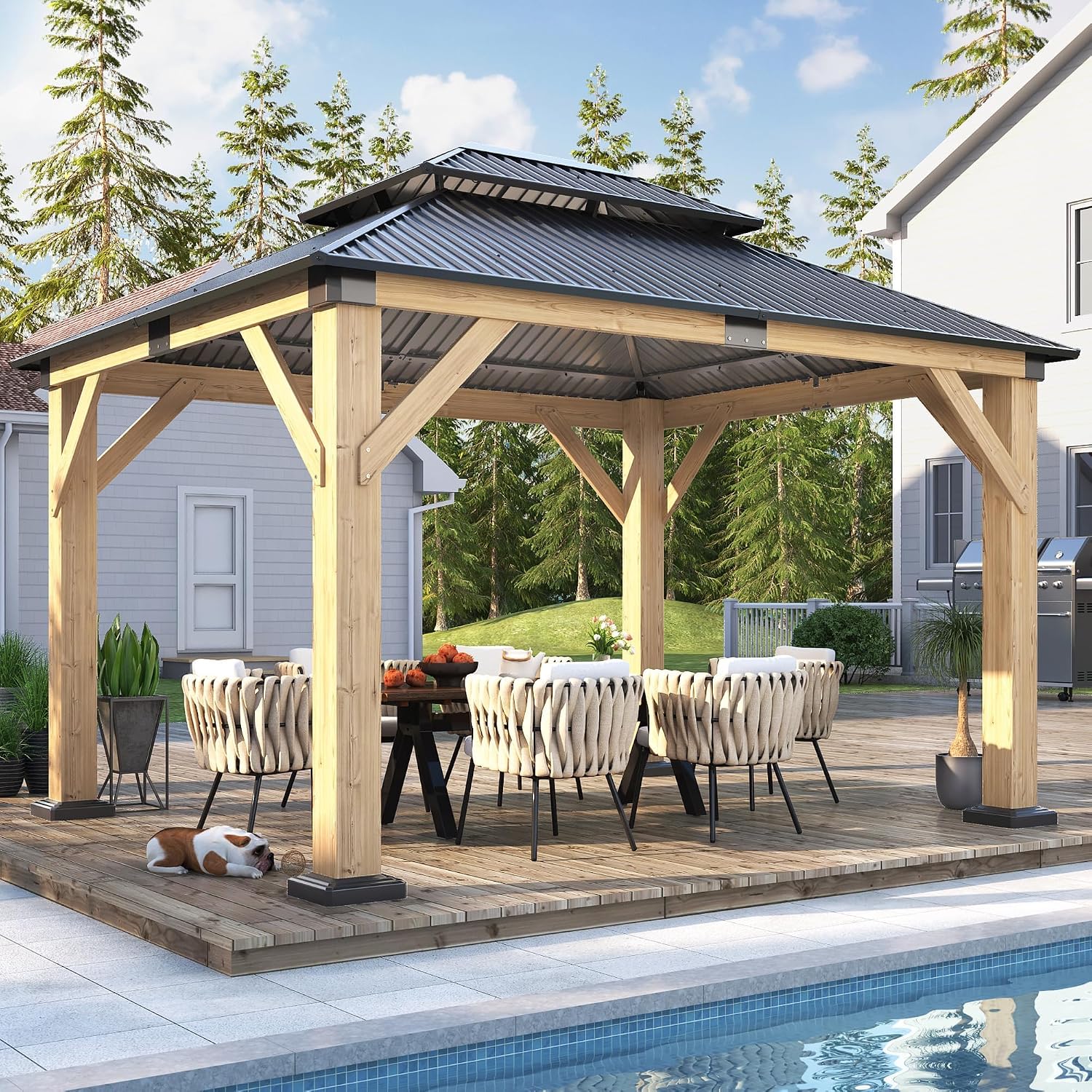 COVERONICS 10FT x 12FT Outdoor Wood Gazebo - Galvanized Steel Hardtop Gazebo with Heavy-Duty Double Roof, Outdoor Wooden Hard Top Gazebo for Garden, Poolside, Deck, Backyard