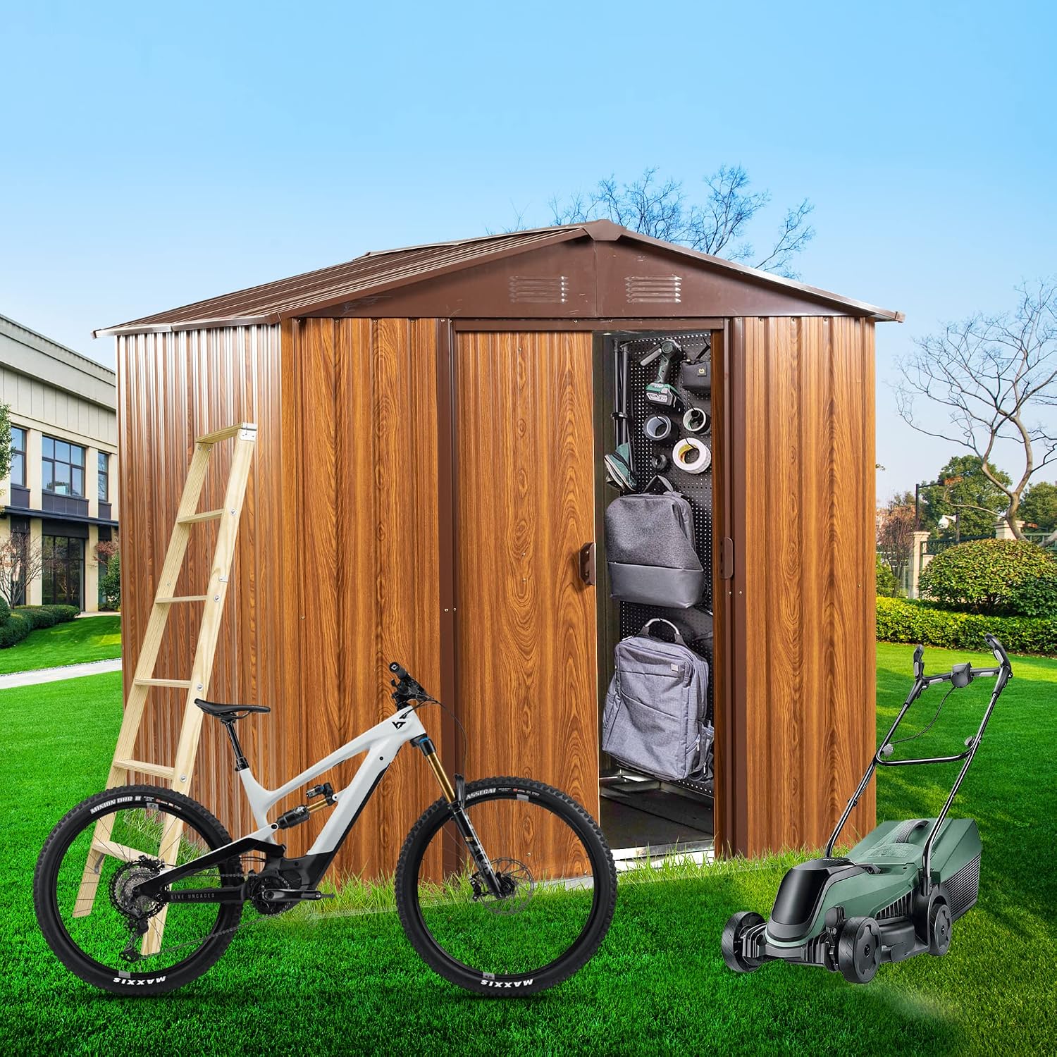 YOPTO 6×6 FT Outdoor Metal Storage Shed,Heavy Duty Storage House W/Integrated Punched Vents,Sliding Doors&Padlock,Horizontal Siding in Woodgrain Tool Sheds for Garden Backyard Lawn Patio,Yellow Brown