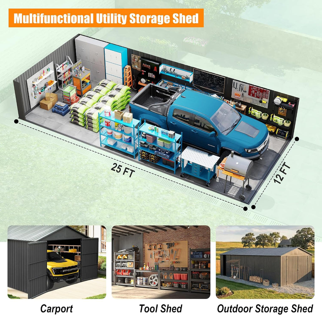 Domi 12x25FT Outdoor Metal Garage Shed, Extra Large Metal Carport with Lockable Double Hinged Doors, Heavy Duty Car Shelter for Car, Truck, Motorcycle and Lawn Equipment, Dark Grey