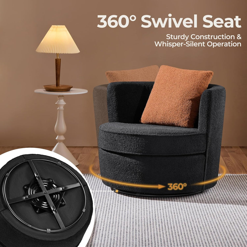 Yaheetech Swivel Barrel Accent Chair, 360 Degree Swivel Round Chairs with Removable Throw Pillow, Soft Boucle Single Arm Sofa for Living Room Bedroom Reading, Black