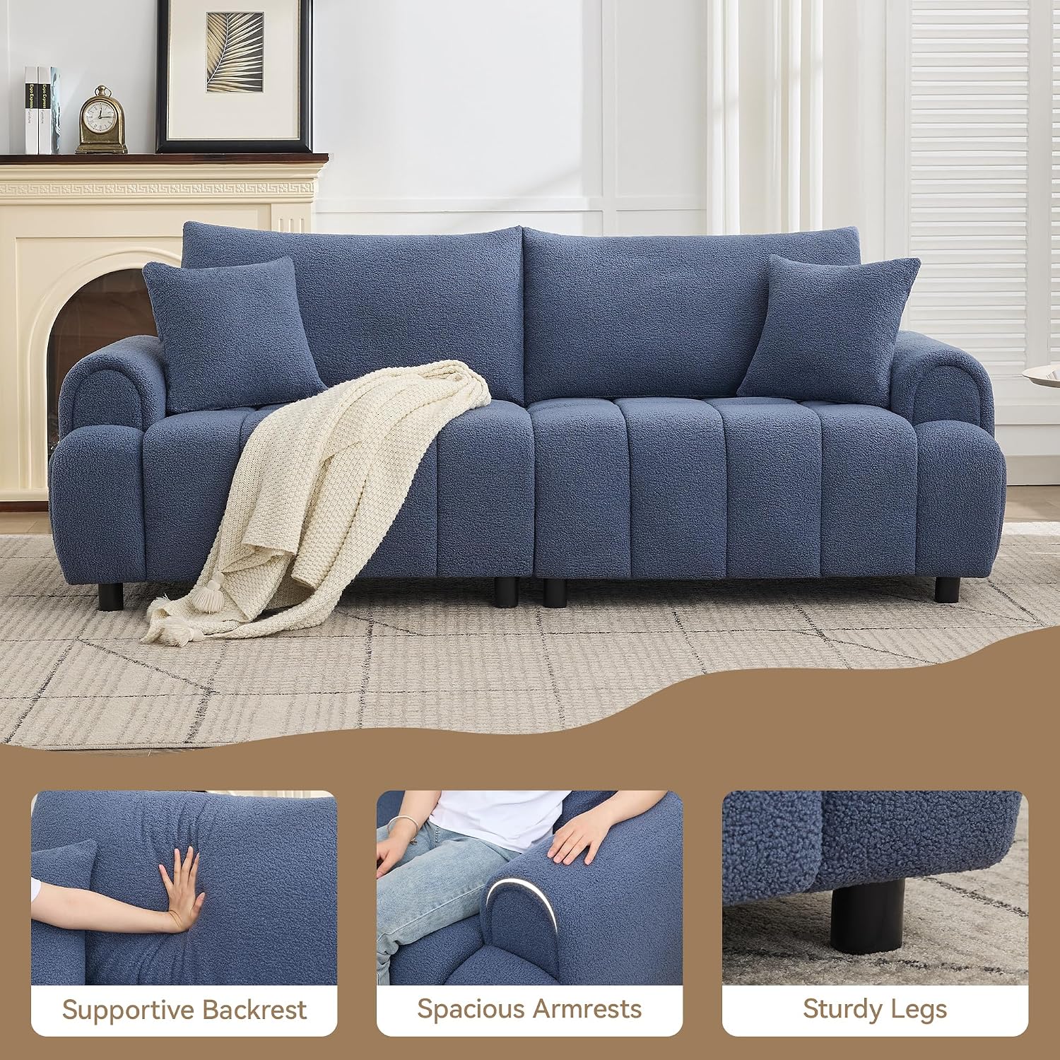 88 'Modern Boucle Sofa Couch, Oversized Comfy 3 Seater Sherpa Curved Sofas Deep Seat, Upholstered Loveseat Teddy Round Arm Couches for Living Room, Bedroom, Blue