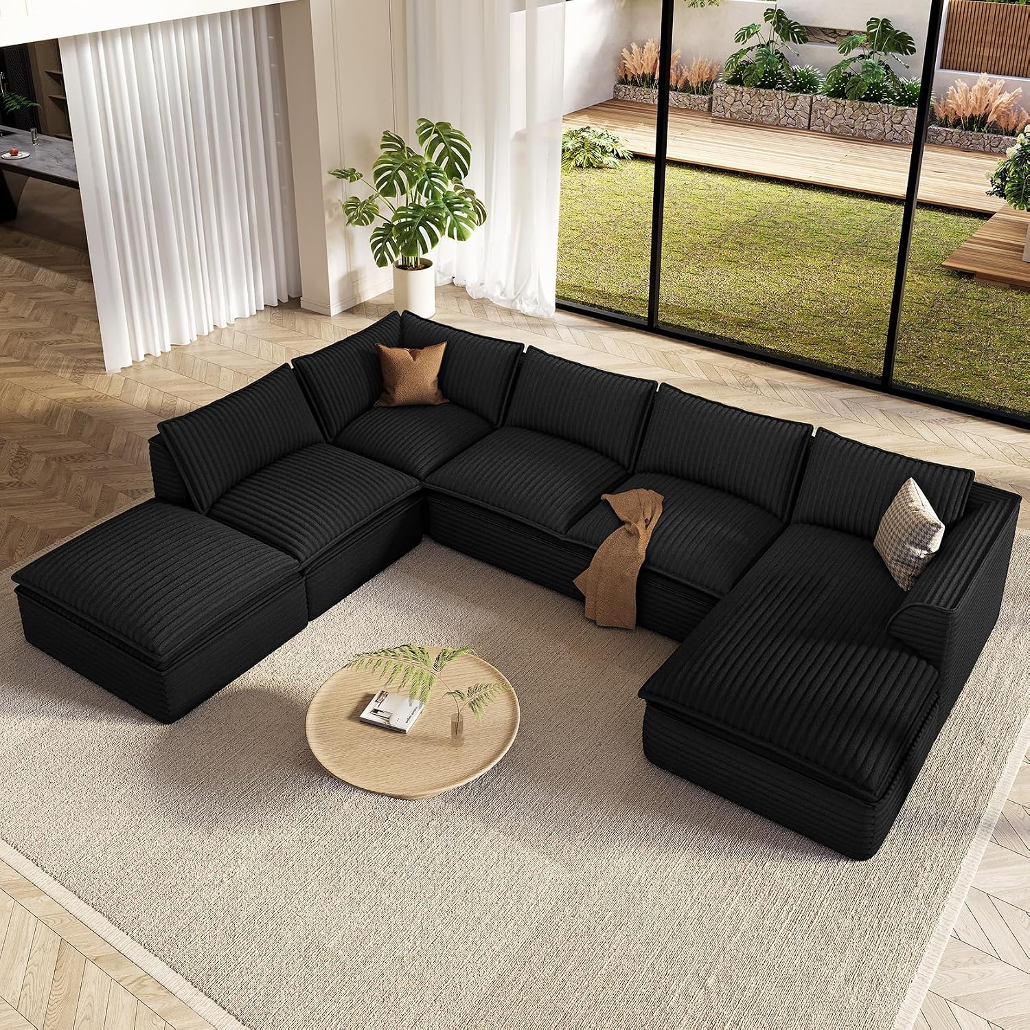 Vesgantti 141.7' Oversized Sectional Boneless Couch, Modern 7 Seater Modular Sofa with Chaise & Ottoman, Deep Seat Plush Corduroy Cloud Couches for Living Room, No Assembly Required, Black