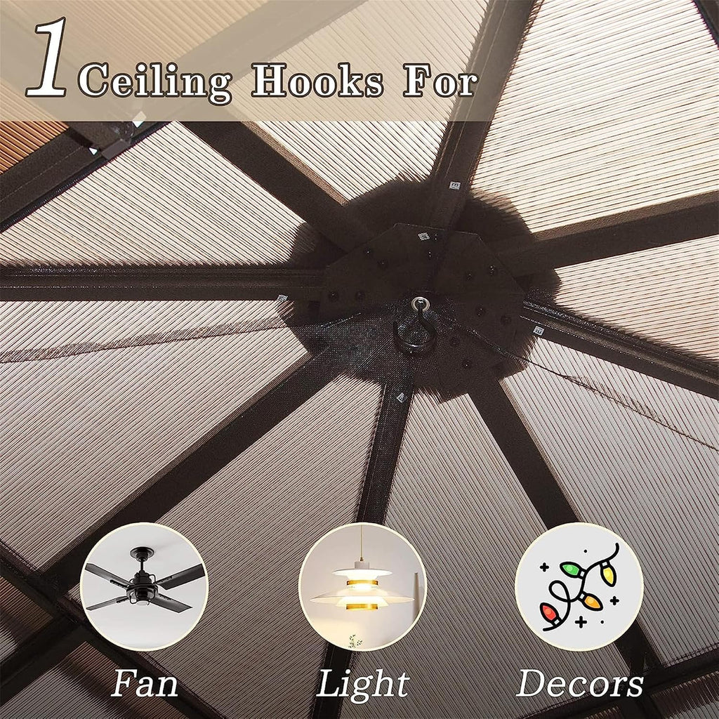 12'x12' Hardtop Gazebo, Pent Outdoor Gazebo with Polycarbonate Double Roof, Aluminum Gazebo Pavilion with Curtain and Net for Garden, Patio, Lawns, Deck, Backyard(Brown)