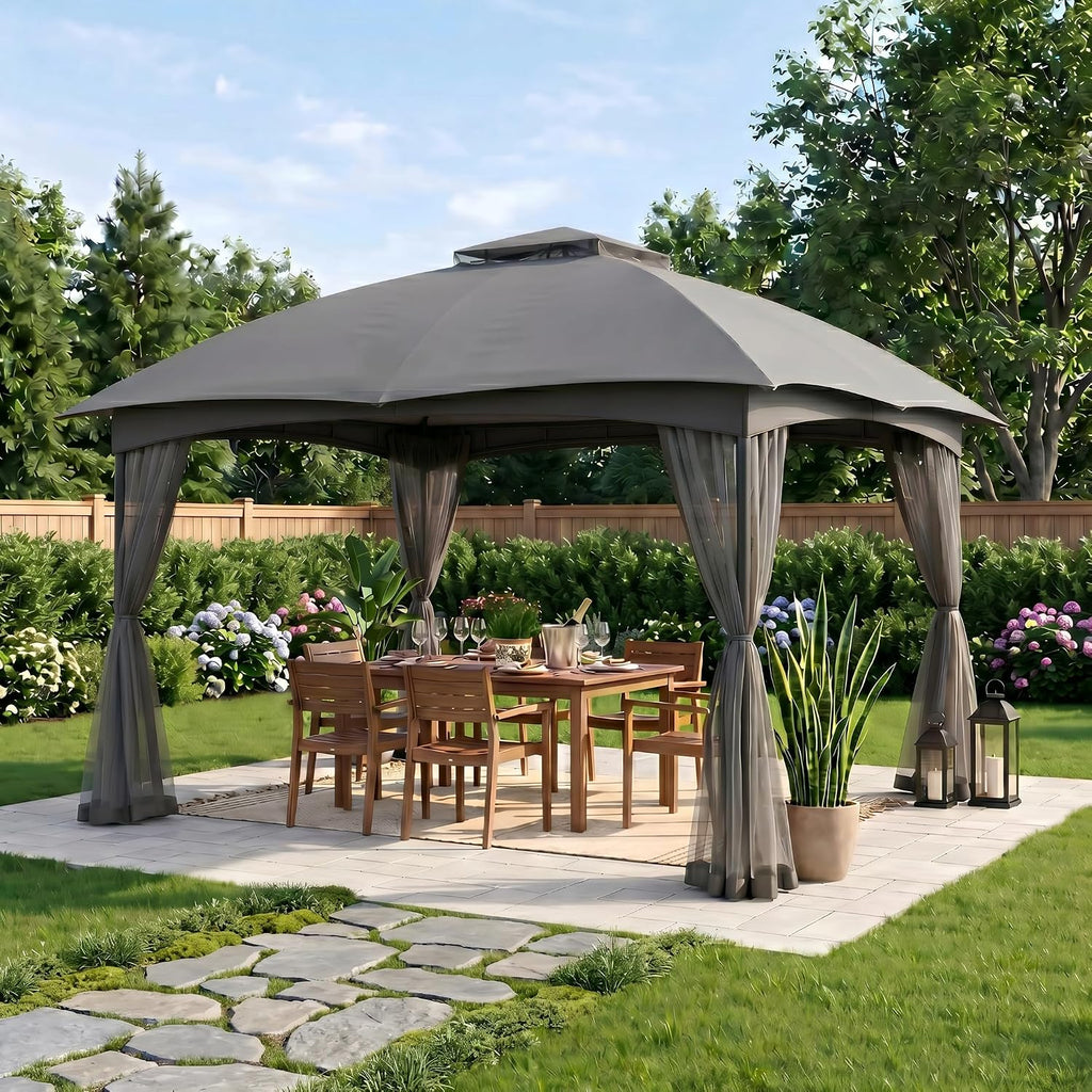 FAB BASED 10x12 Gazebo, Double Vent Canopy Gazebo for Outdoor with Privacy Netting, Easy Setup Patio Pavilion with Steel Frame Strong Legs for Lawn, Backyard, Deck (Ash Grey)