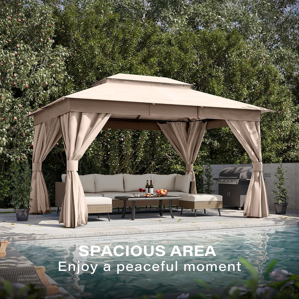 LAUSAINT HOME Gazebo 10x13ft, Heavy Duty Patio Gazebo with Expansion Bolts, Party Canopy Tent with Double Roofs, Mosquito Nettings and Privacy Screens for Backyard, Garden, Lawn, Khaki