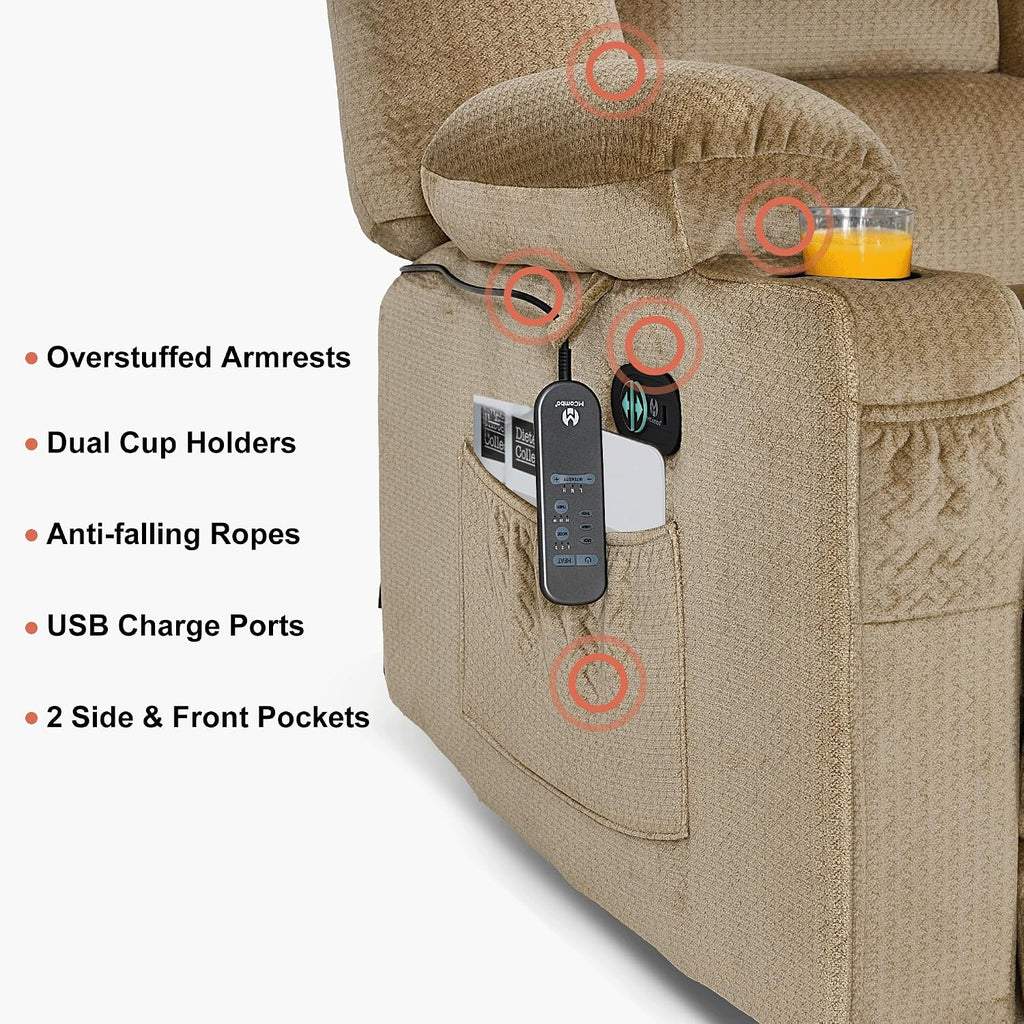 MCombo Zero Gravity Power Reclining Sofa with Heat and Vibration Massage, 3 Seater Reclining Couch with USB Ports, Cup Holders for Living Room, Fabric PR648SET (Beige)