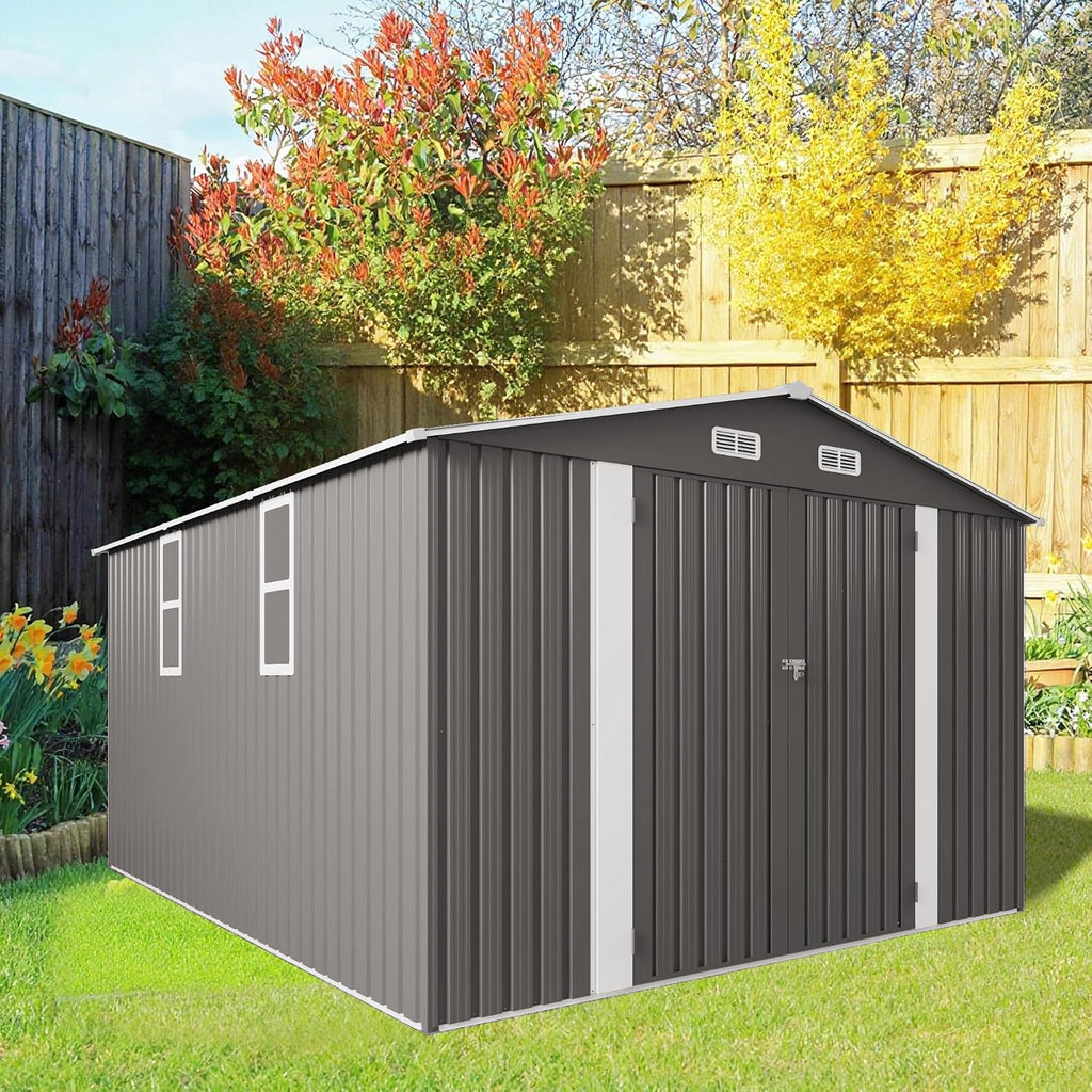 10x12 FT Outdoor Metal Storage Shed, Large Garden Tool Organizer with Double Doors and Two Windows, Waterproof Walk-in Backyard Storage Shed for Lawn, Patio, Poolside, Gray