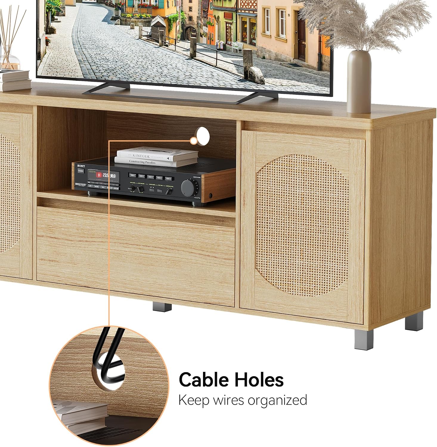 IDEALHOUSE 63in TV Stand for TVs Up to 70', Fluted Entertainment Center with Storage Drawer and Open Shelves, Modern TV Console Media Cabinet for Living Room, Bedroom