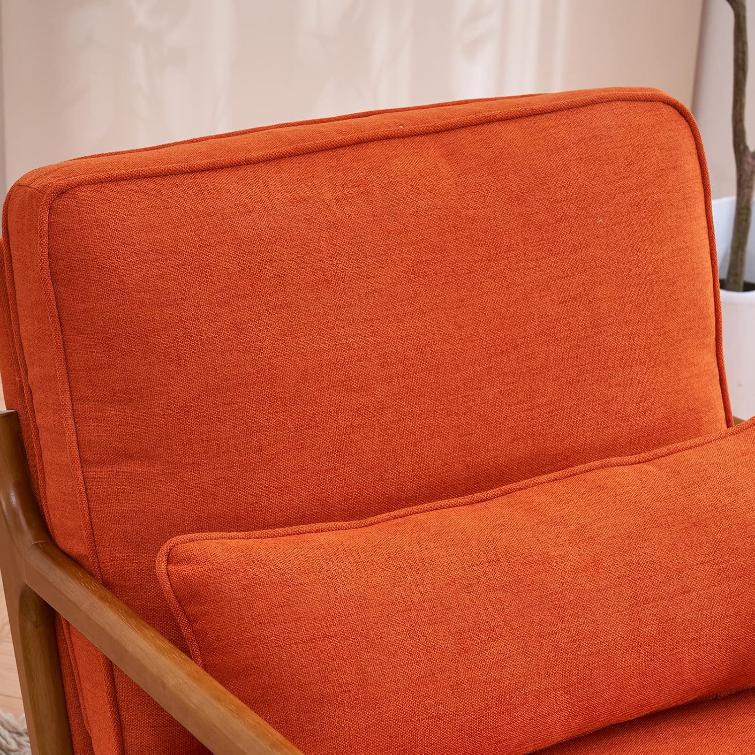 Karl home Accent Chair Mid-Century Modern Chair with Pillow Linen Fabric Upholstered Lounge Arm Chair with Solid Wood Frame & Soft Cushion for Living Room, Bedroom, Balcony, Burnt Orange