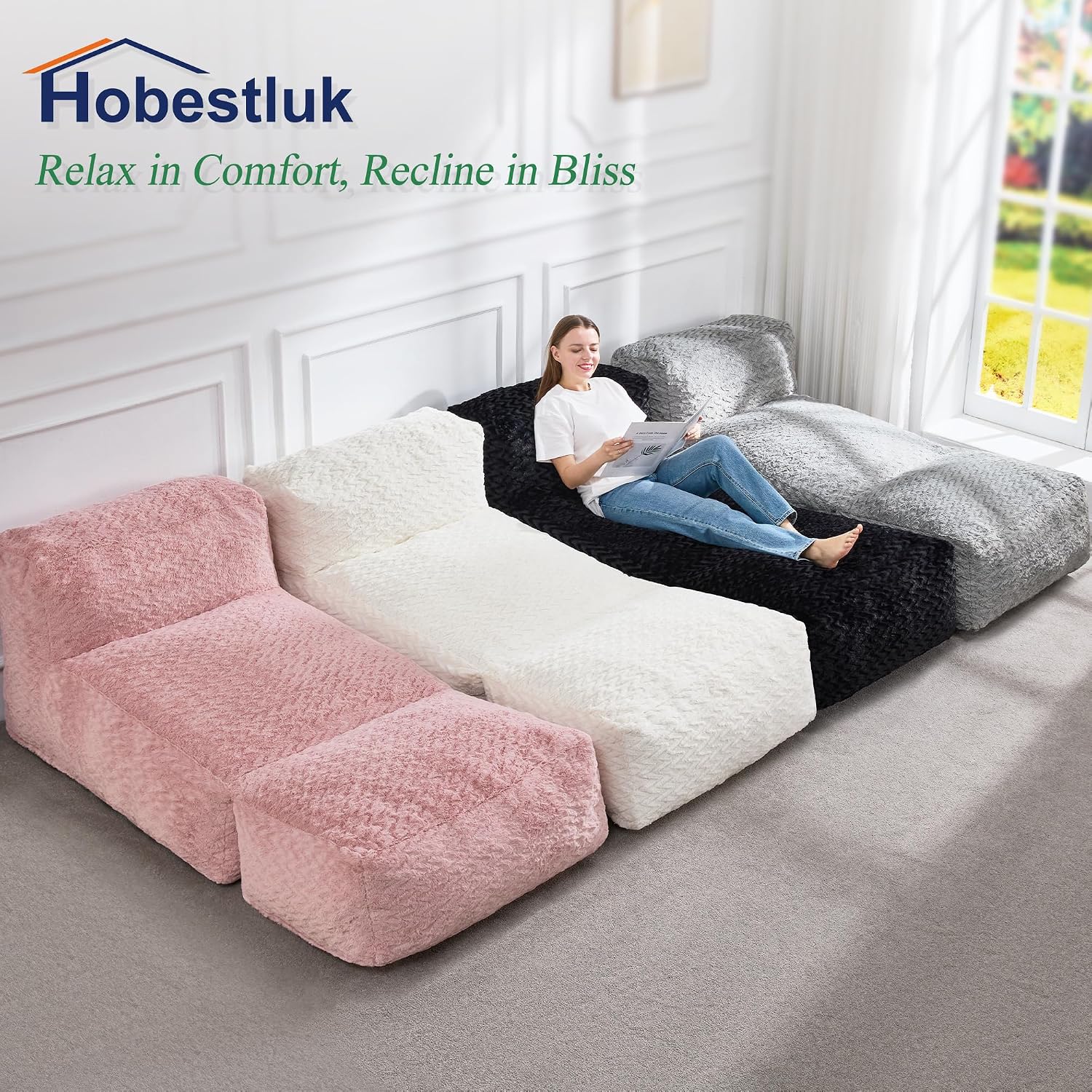Hobestluk Bean Bag Chair Big Bean Bag Lounger for Adults Bean Bag Couch with Memory Foam Filled for Living Room, Bedroom or Balcony (Chevron Plush White)