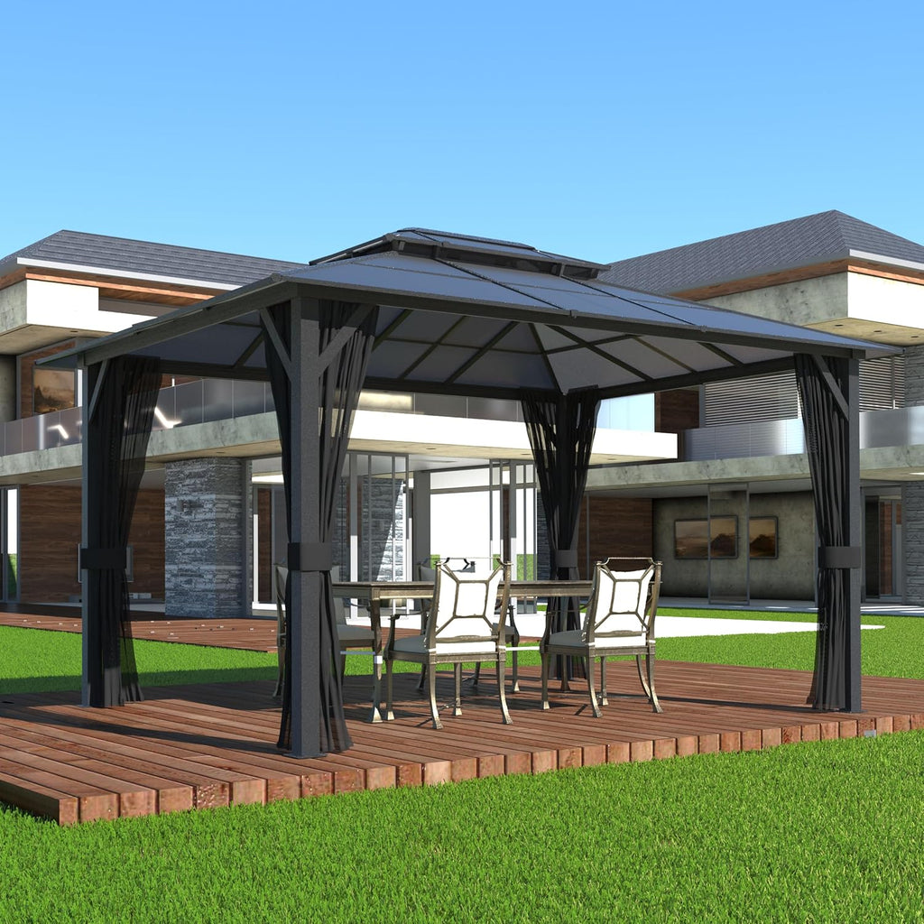 MUPATER Gazebo,10x13 FT Polycarbonate Hardtop Gazebo with Aluminum Frame, Double Roof Patio Gazbeo, Permanent Outdoor Pavilion with Insect-Proof Netting for Patios, Deck, Lawns, Gardens and Pools