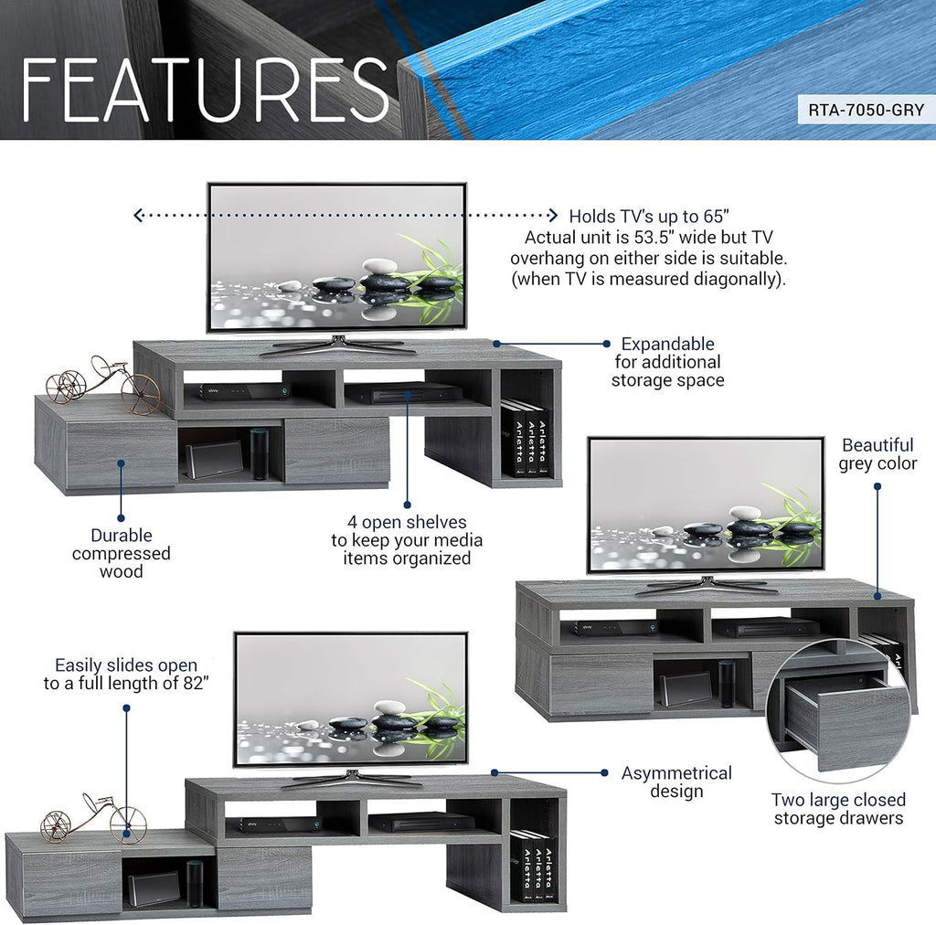 Adjustable TV Stand for 65 Inch TV, Modern TV Stand for Living Room with Storage, Expandable Base Entertainment Center Fits Screens up to 65' When TV is Measured Diagonally, Grey