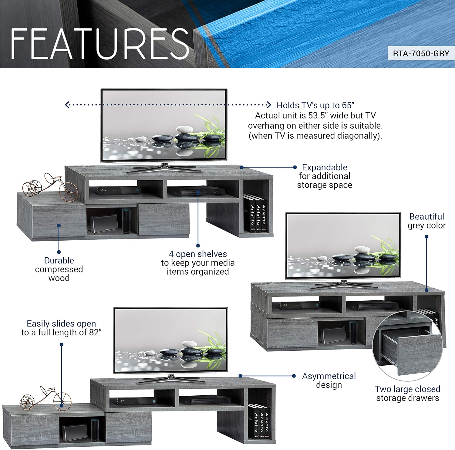 Adjustable TV Stand for 65 Inch TV, Modern TV Stand for Living Room with Storage, Expandable Base Entertainment Center Fits Screens up to 65' When TV is Measured Diagonally, Grey