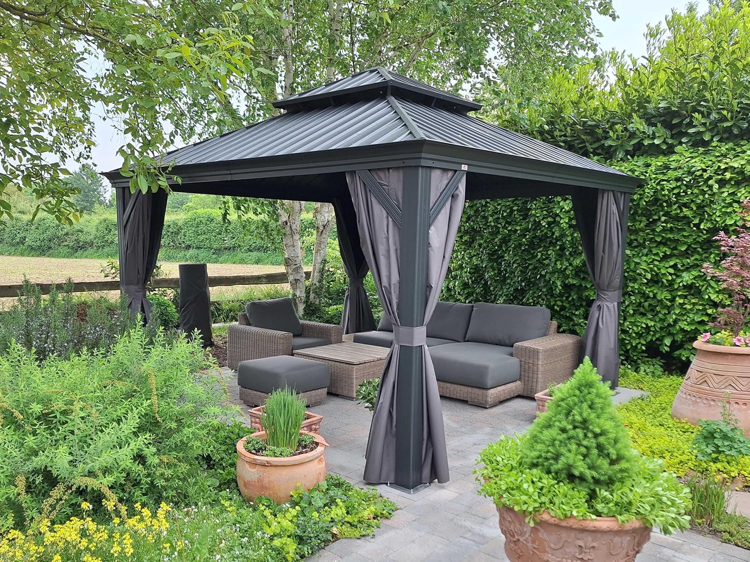 PURPLE LEAF 12' X 12' Permanent Hardtop Gazebo Aluminum Gazebo with Galvanized Steel Double Roof for Patio Lawn and Garden, Curtains and Netting Included, Grey