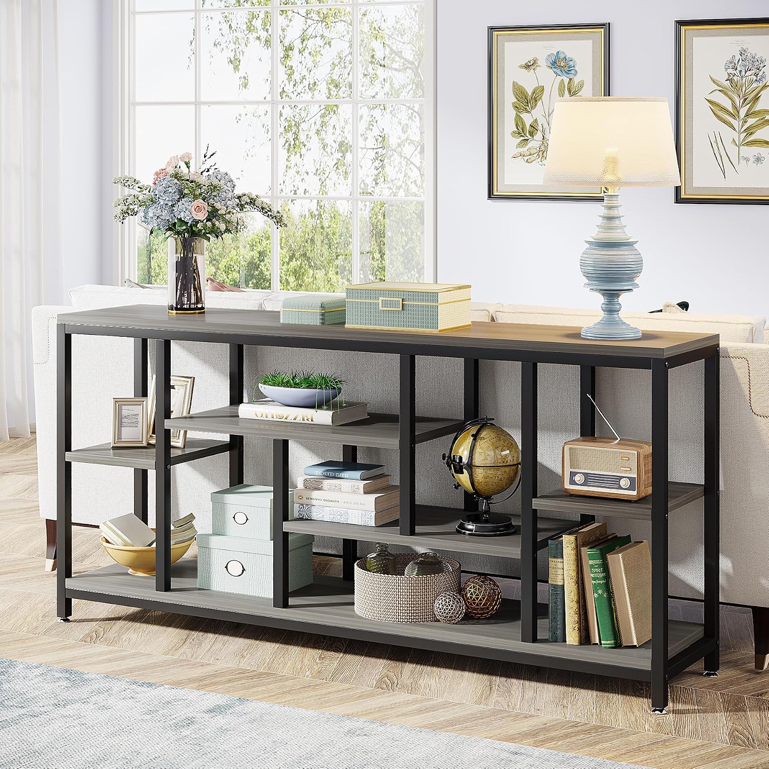 Tribesigns Console Sofa Table, 70.9 inch Extra Long Console Table Behind Couch with Storage Shelves, 3-Tier Modern Narrow Entryway Hallway Accent Table for Living Room, Grey