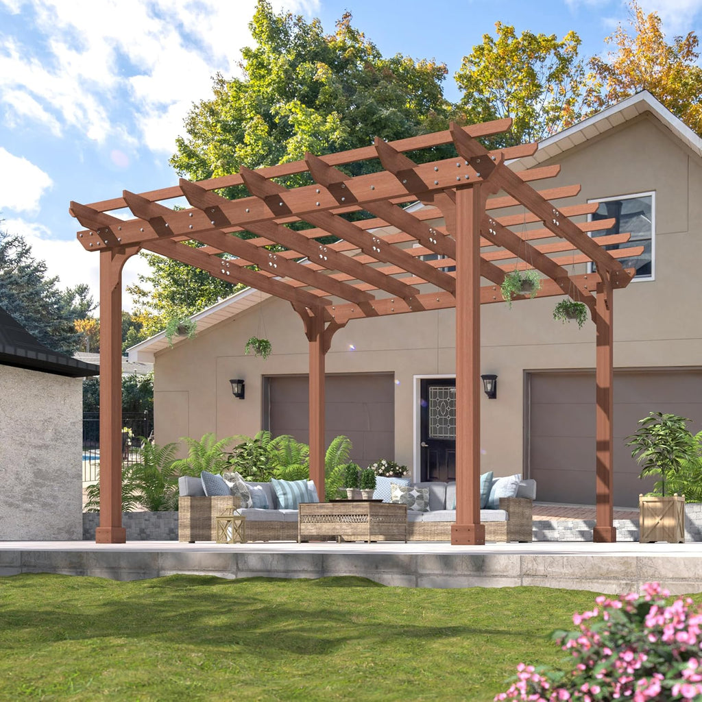 BlueWish 12'x12' Pergola with Solid Cedar Wood Frame, Patio Wood Gazebo Backyard Gazebo Pergola Kits with Slatted Roof Trellis & Stakes for Deck Yard Grill Party Garden
