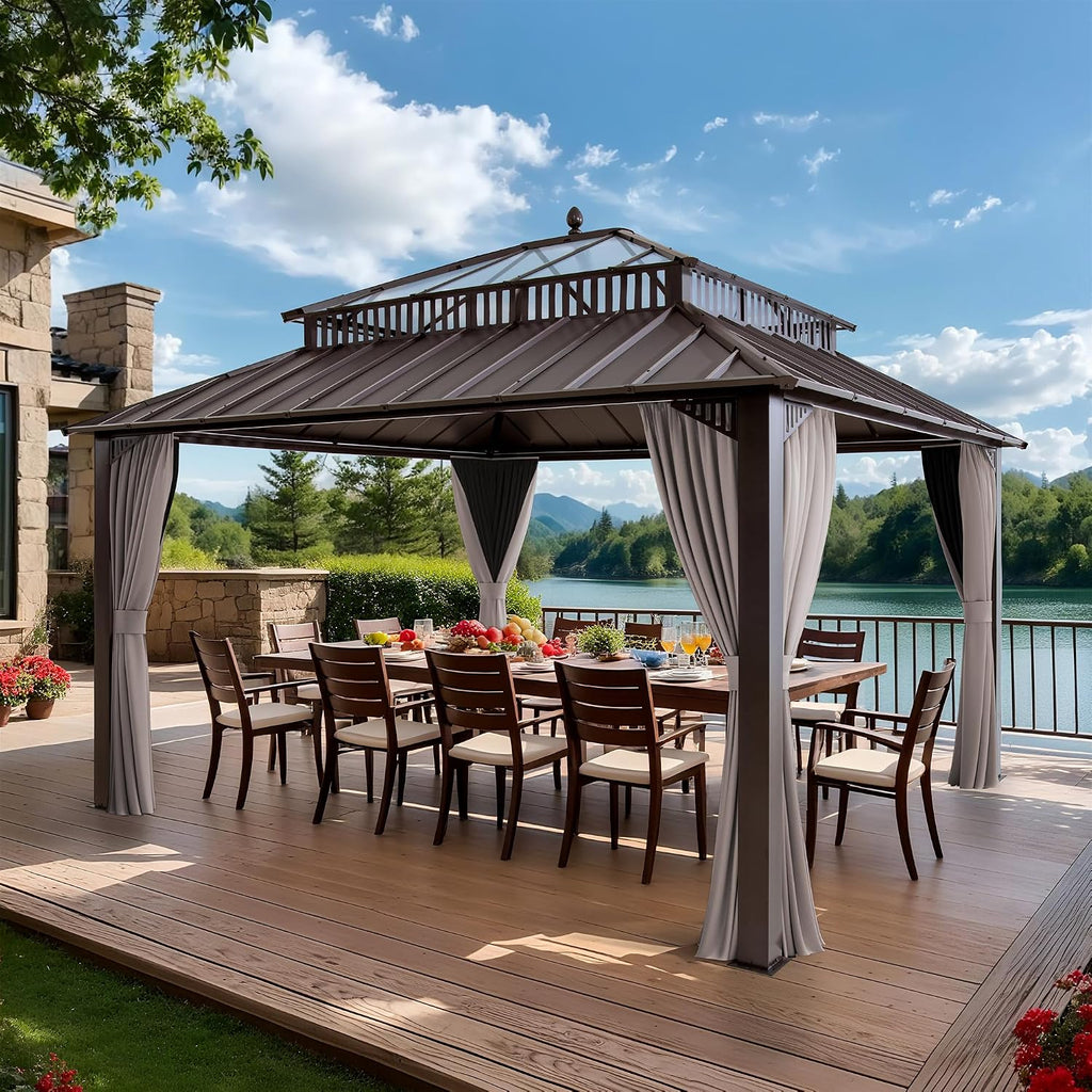 SUNJOY Kingston 14' x 12' Hardtop Gazebo with Galvanized Steel/Polycarbonate Double Roof, Curtain and Netting, Brown Aluminum Posts Permanent Pavilion Gazebo for Garden, Patio, Deck, Lawn