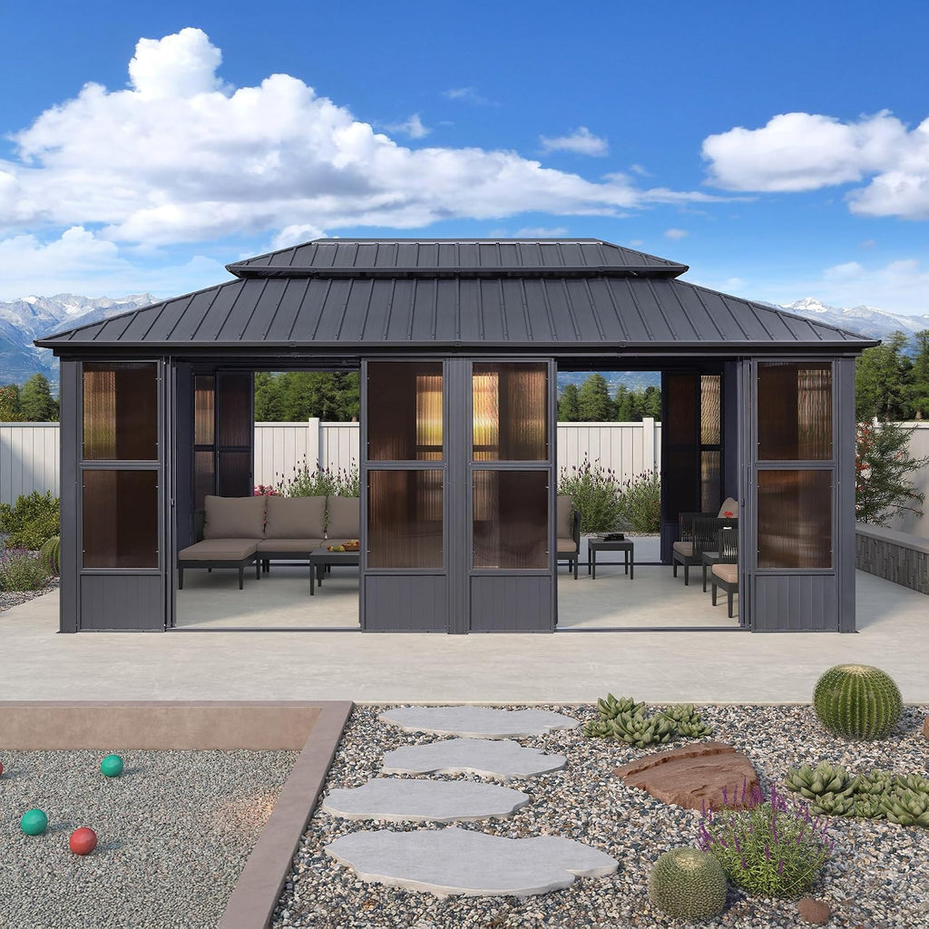 PURPLE LEAF 12' X 20' Solarium Permanent Hardtop Gazebo Galvanized Steel Double Roof Aluminum Outdoor Enclosed Gazebo for Lawn Deck Backyard Grey