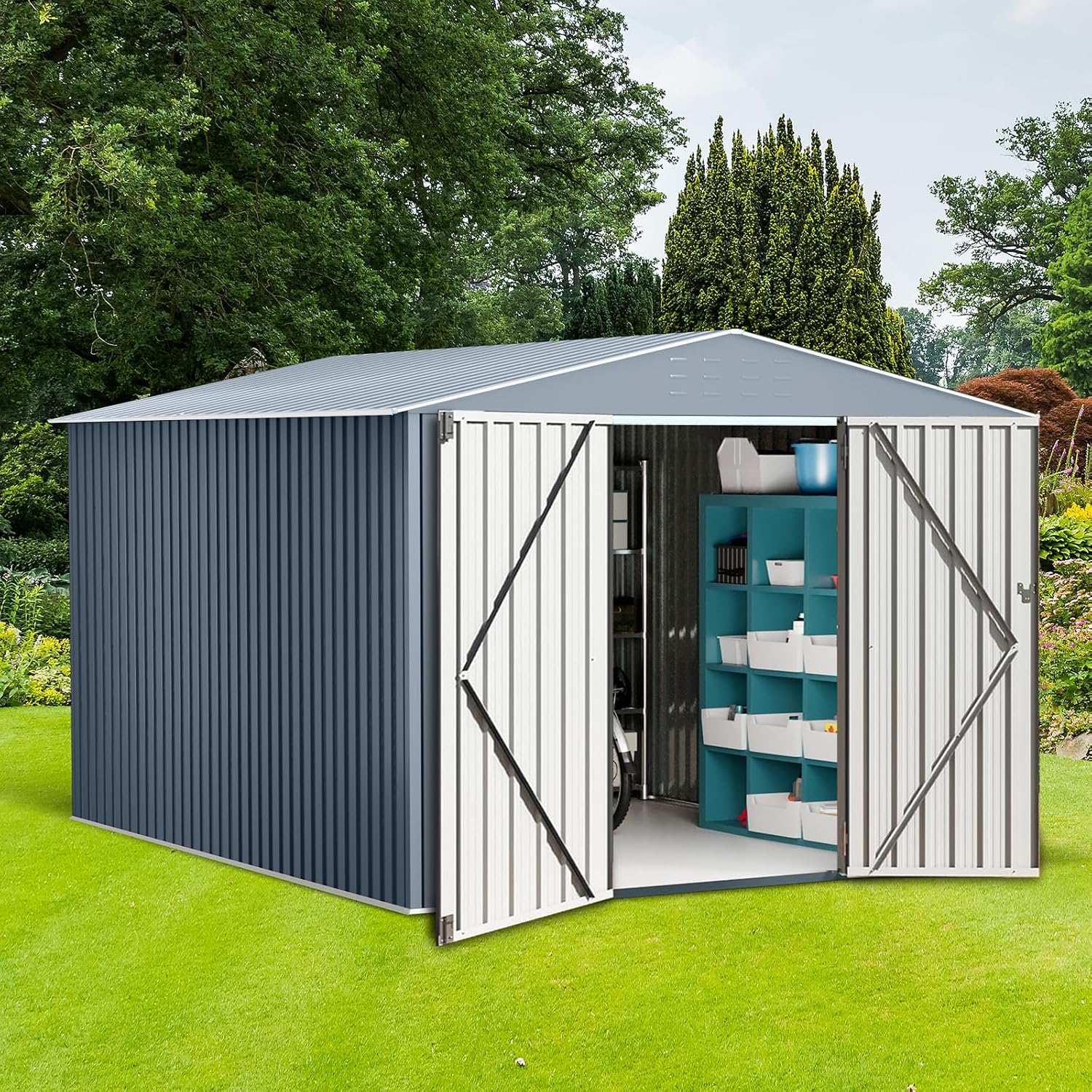 10x12 FT Outdoor Metal Storage Shed, Metal Garden Tool Shed with Lockable Doors, Large Utility Tool Storage Sheds for Patio Lawn Backyard Outside Use, Grey