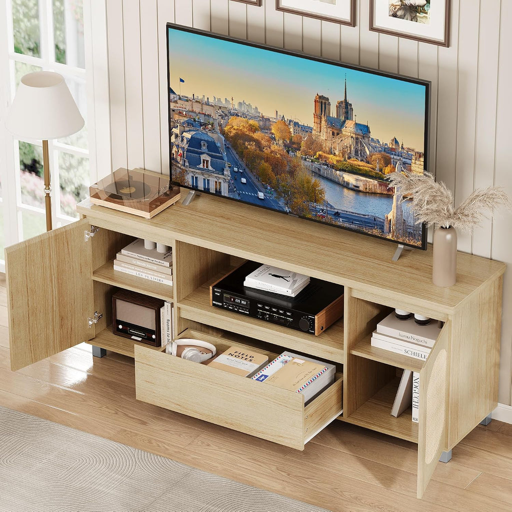 IDEALHOUSE 63in TV Stand for TVs Up to 70', Fluted Entertainment Center with Storage Drawer and Open Shelves, Modern TV Console Media Cabinet for Living Room, Bedroom
