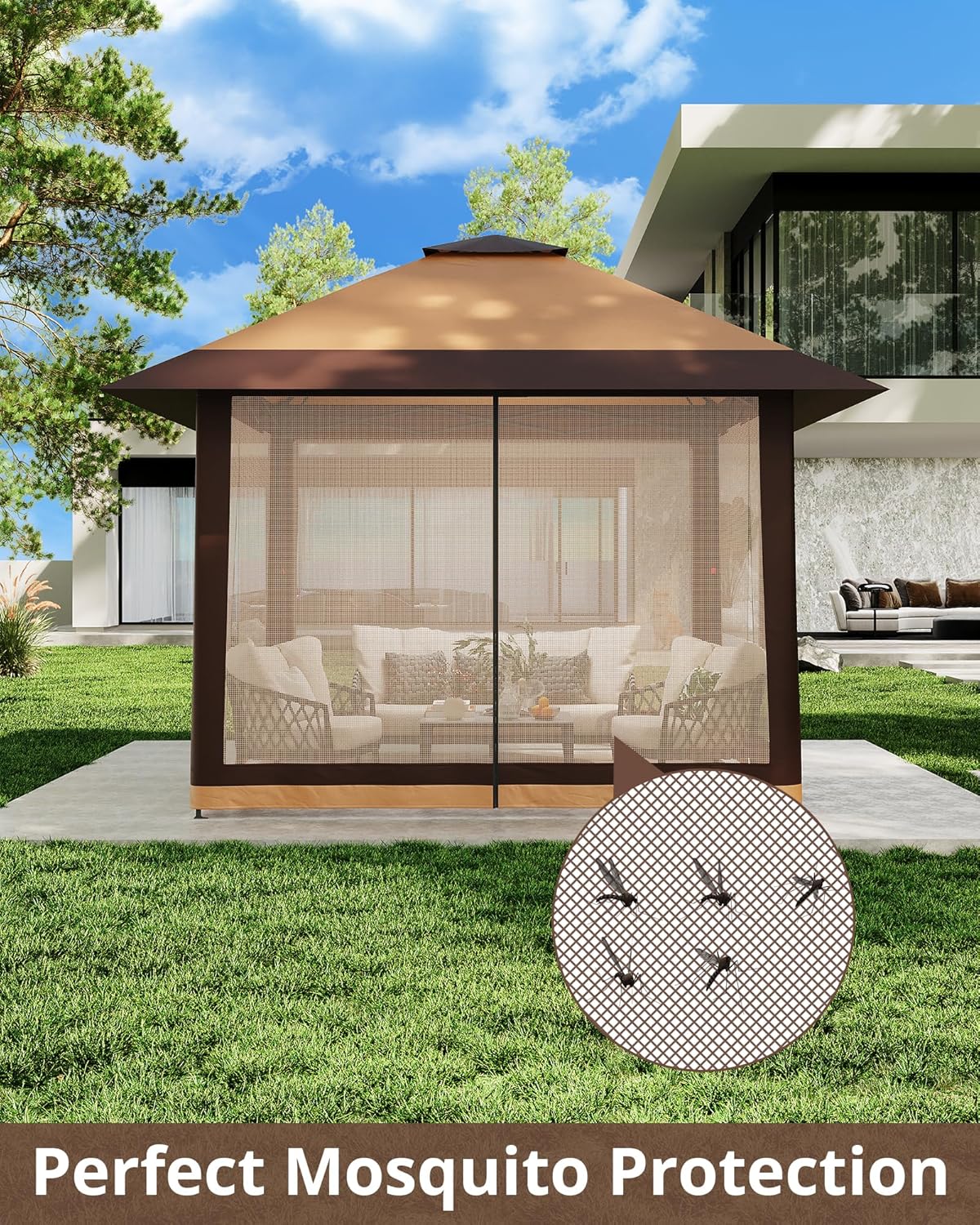 13x13 Pop Up Gazebo, Outdoor Canopy Tent with Double Roof and Mesh Netting, Gazebo Tent with Large Space and Adjustable Height for Backyard, Garden, Patio, Lawn, Khaki + Light Khaki