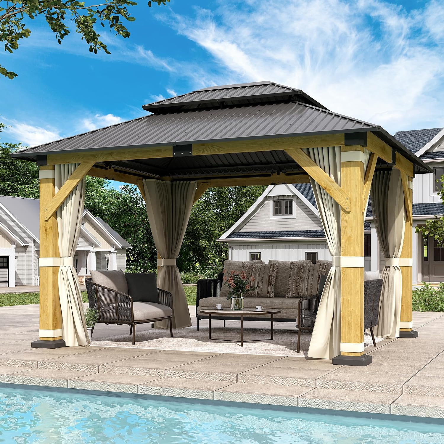 10' x 12' Wood Gazebo,Outdoor Cedar Wood Hardtop Gazebo with Galvanized Steel Doule Roof, Wooden Frame Gazebo with Netting and Curtains for Patio Backyard Deck