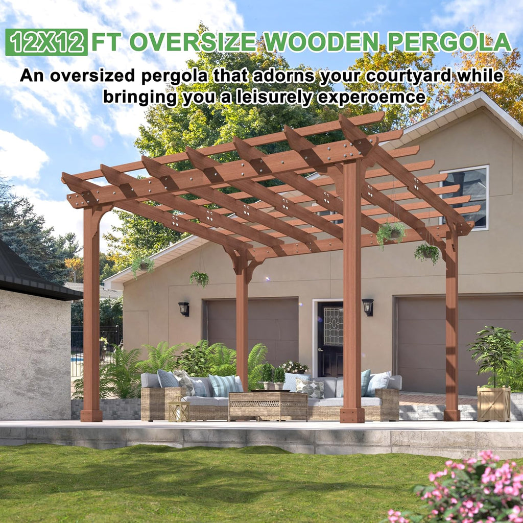 Yardenaler 12x12 FT Wooden Pergola, Cedar Wood Gazebo with Flat Roof, Outdoor Garden Shelter with Stakes Included, Patio, Deck, Backyard, Lawn
