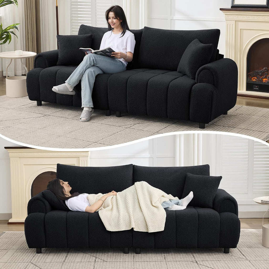88 'Modern Boucle Sofa Couch, Oversized Comfy 3 Seater Sherpa Curved Sofas Deep Seat, Upholstered Loveseat Teddy Round Arm Couches for Living Room, Bedroom, Black