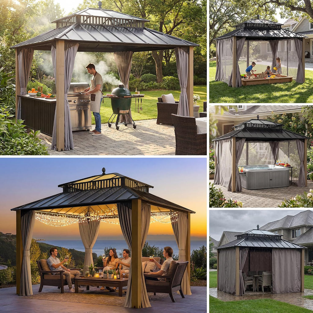 SUNJOY Kingston 12' x 10' Hardtop Wood Gazebo with Galvanized Steel/Polycarbonate Double Roof, Curtain and Netting, Cedar Posts Permanent Pavilion Gazebo for Garden, Patio, Deck, Lawn