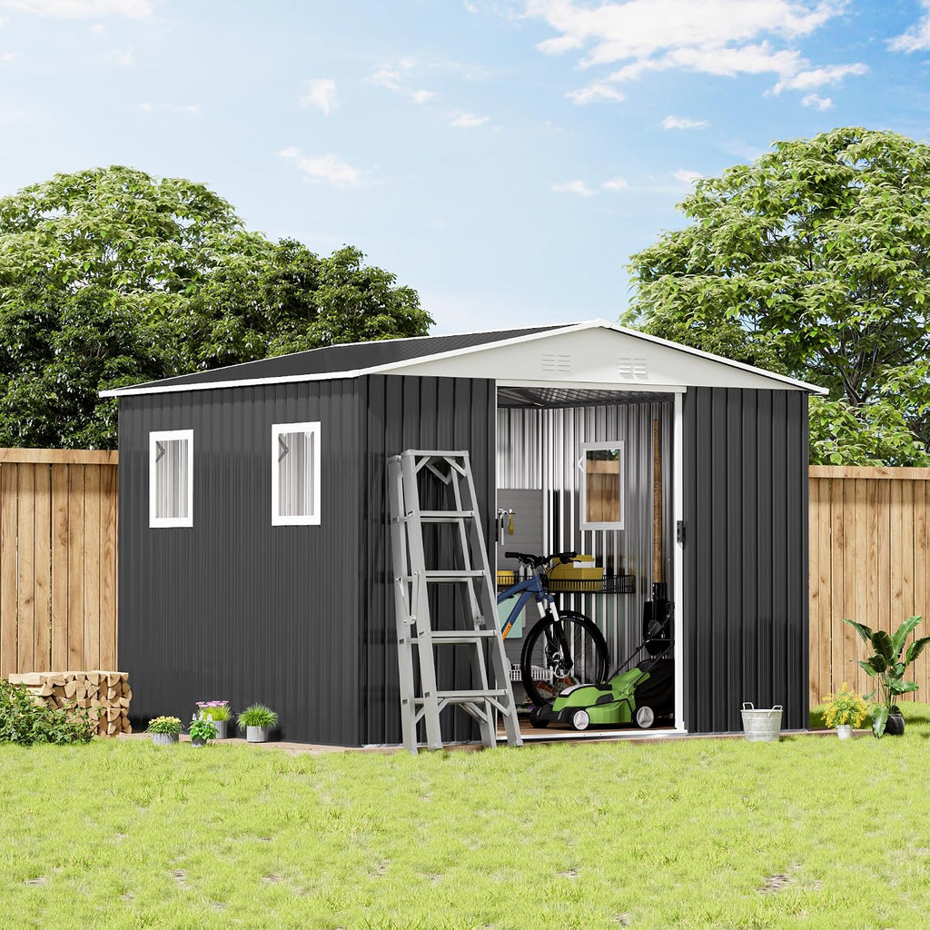 10x8 FT Large Outdoor Storage Shed with 4 Windows, Galvanized Tool Shed, Metal Garden Shed with Apex Roof & Lockable Door, Waterproof Rust-Resistant for Patio Furniture Lawnmower Bike