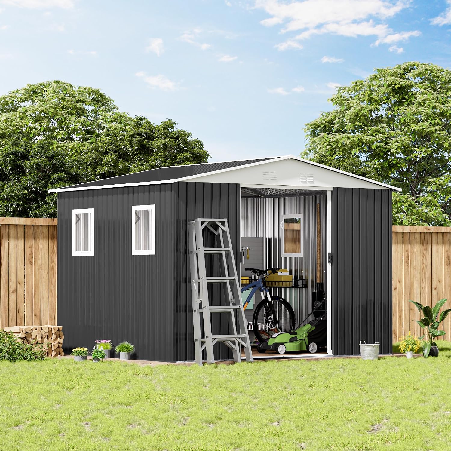 10x8 FT Large Outdoor Storage Shed with 4 Windows, Galvanized Tool Shed, Metal Garden Shed with Apex Roof & Lockable Door, Waterproof Rust-Resistant for Patio Furniture Lawnmower Bike