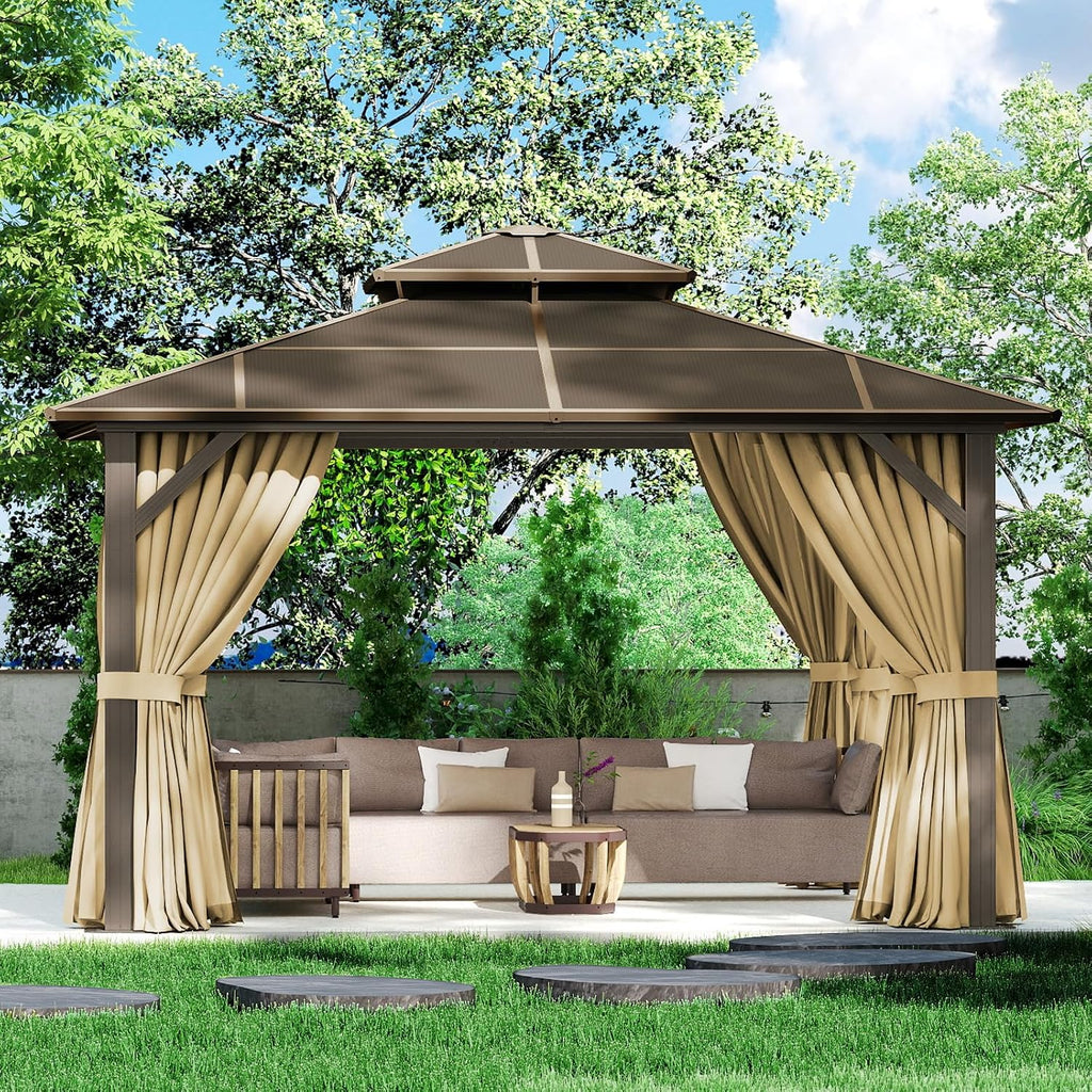 12×12FT Brown Double Roof Polycarbonate Gazebo, Sturdy Outdoor Patio Shelter with Shade for Garden, Backyard, and Patio