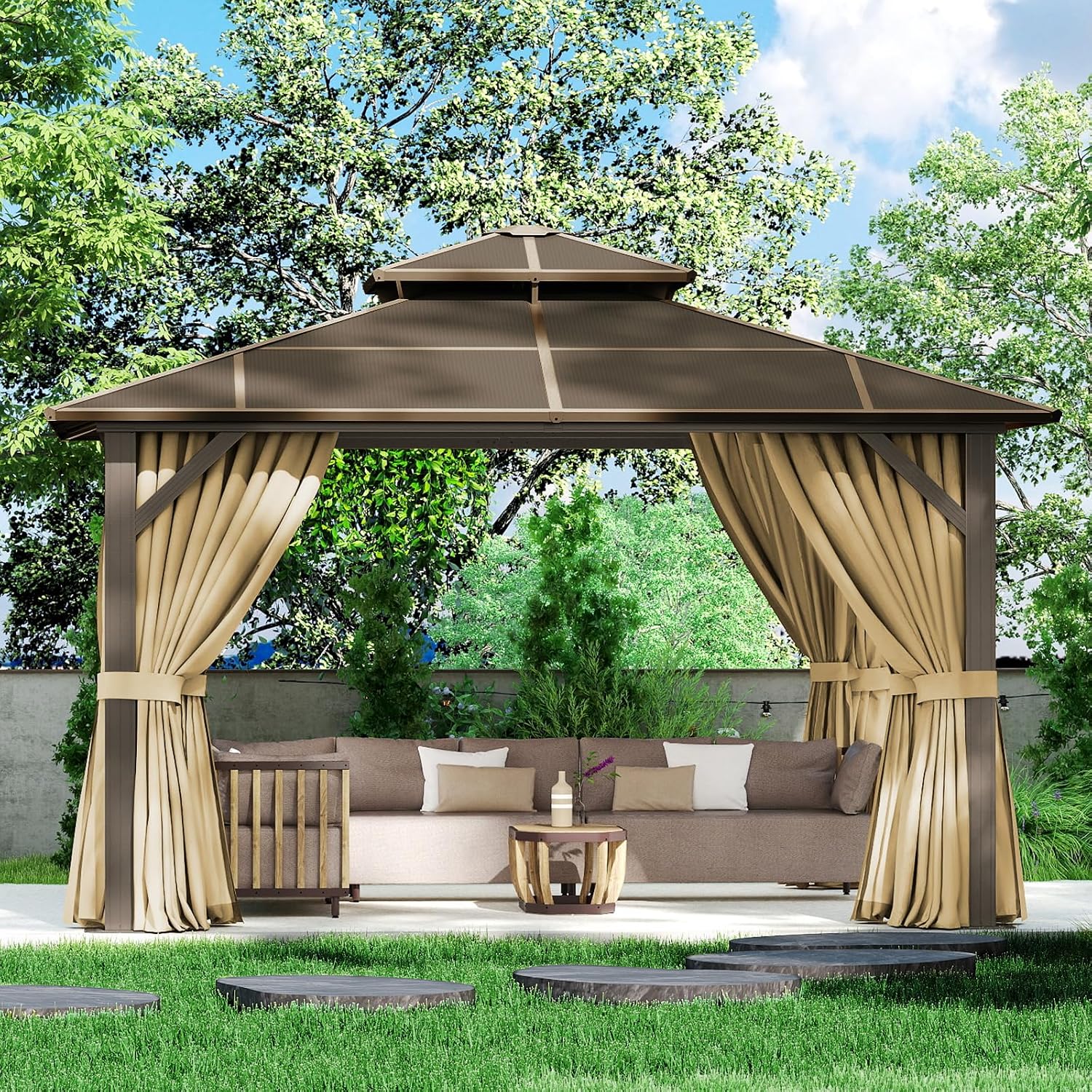 12×12FT Brown Double Roof Polycarbonate Gazebo, Sturdy Outdoor Patio Shelter with Shade for Garden, Backyard, and Patio