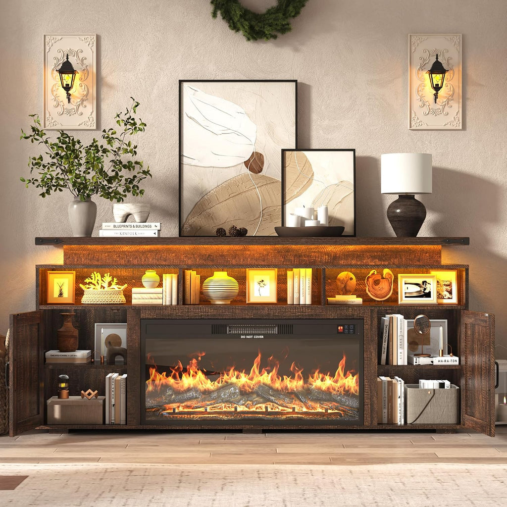 Farmhouse Fireplace TV Stand w/Power Outlet for 75/80 Inch TV, 32' Tall Entertainment Center w/ 36' Electric Fireplace,LED Light, Rustic Media Console w/Sliding Barn Door for Living Room,Rustic Brown