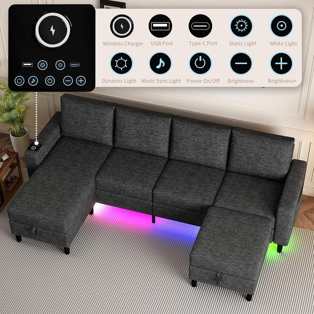 Sectional Couches for Living Room, 4 Seat Sectional Sofa with Smart Module-Wireless Charging/USB/Type-C/RGB Light, U Shaped Couch with Reversible Chaise Lounge/Storage Ottoman (Charcoal Grey)