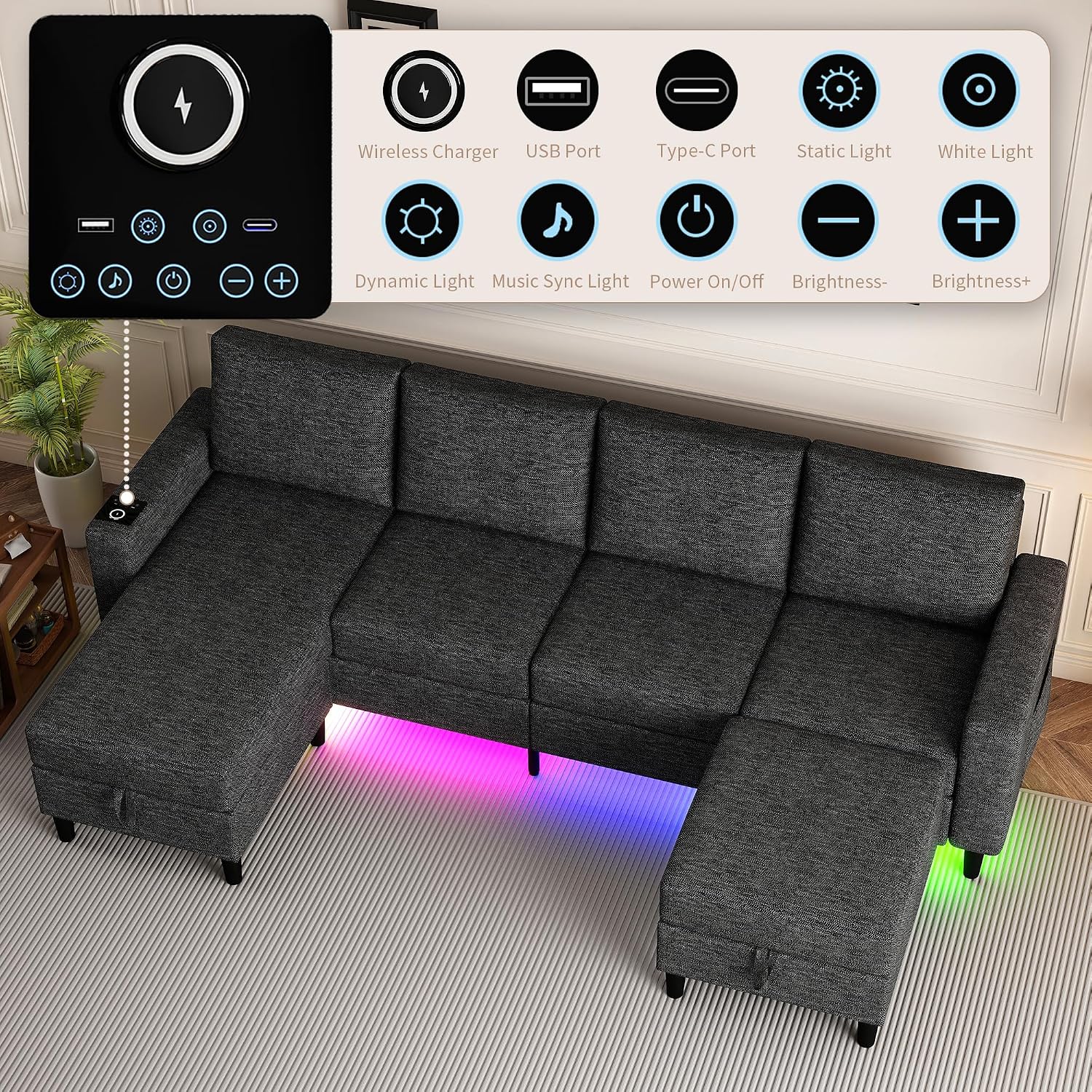 Sectional Couches for Living Room, 4 Seat Sectional Sofa with Smart Module-Wireless Charging/USB/Type-C/RGB Light, U Shaped Couch with Reversible Chaise Lounge/Storage Ottoman (Charcoal Grey)