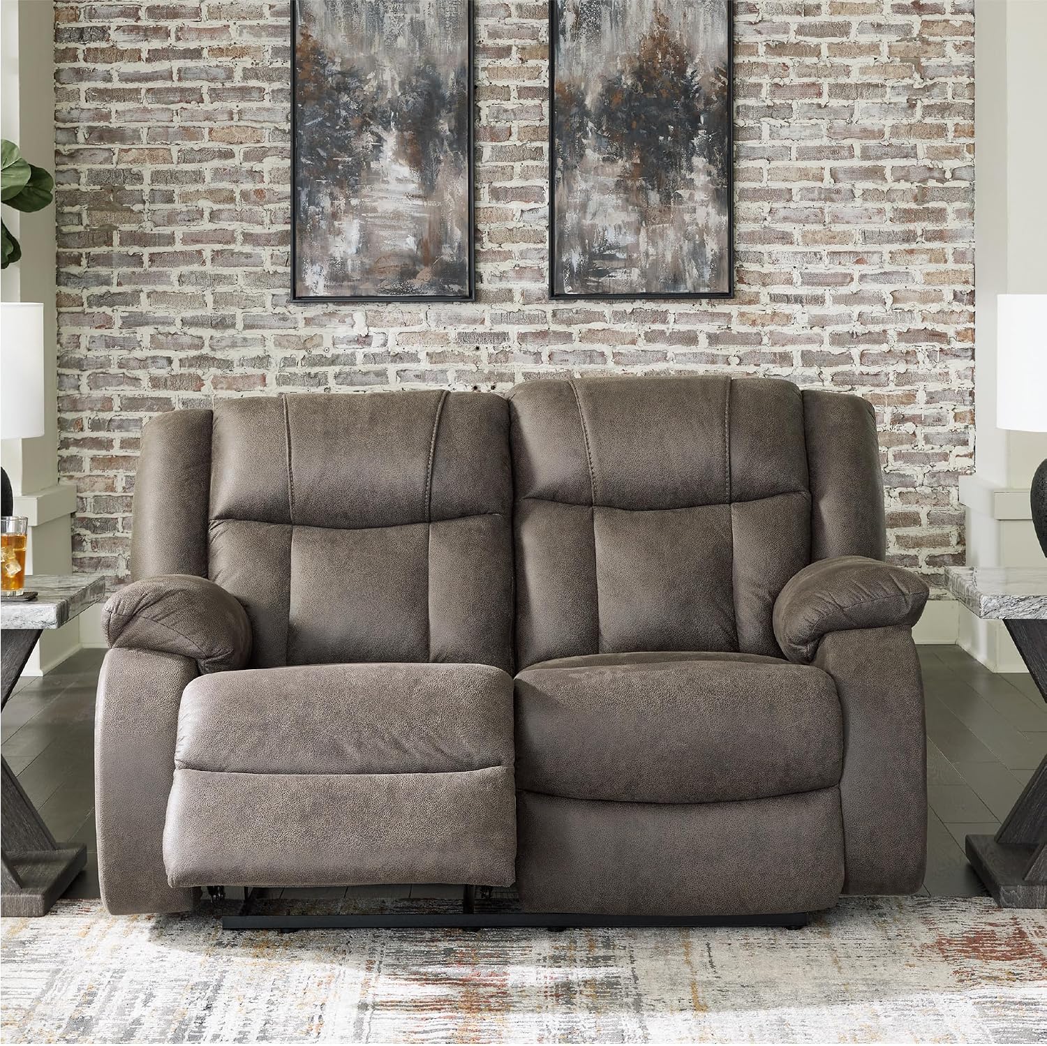 Signature Design by Ashley First Base Contemporary Faux Leather Manual Reclining Loveseat, Gray