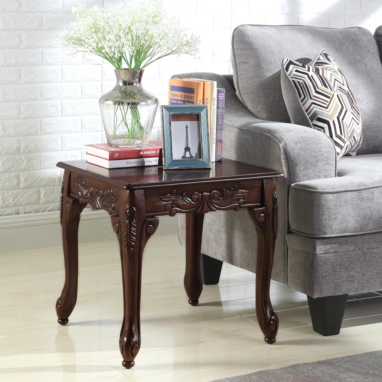 Hernen Carved Wood Frame 5-Piece Living Room Set, Beige Wheat