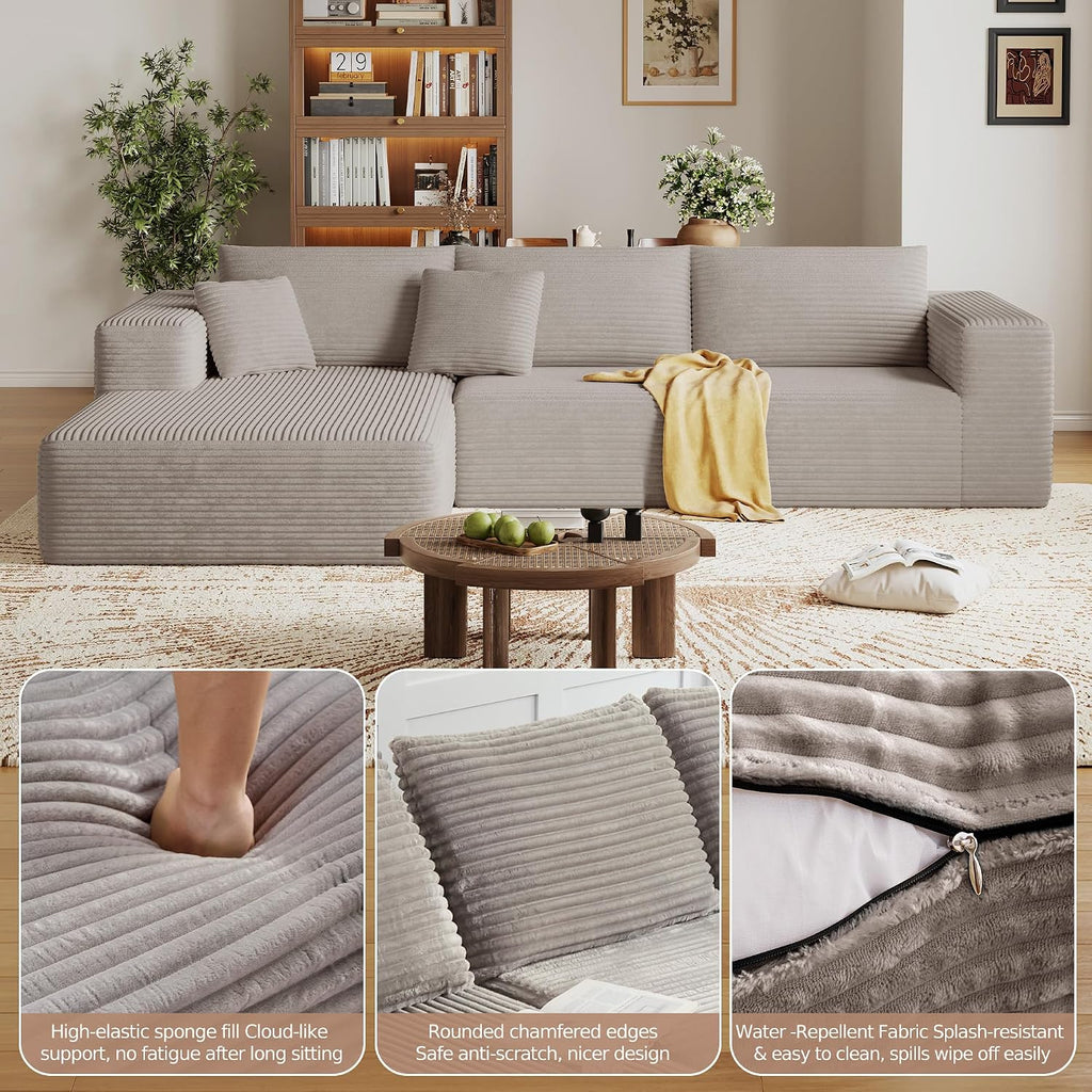 CHORRO108''Sectional Boneless Cloud Sofa,Modern Modular L-Shape Couch for Living Room,Corduroy Convertible Sponge Sleeper Sofas,Upholstered Lougne Chaise Couchs-with Soft Pillow(Camel,Left Chaise)