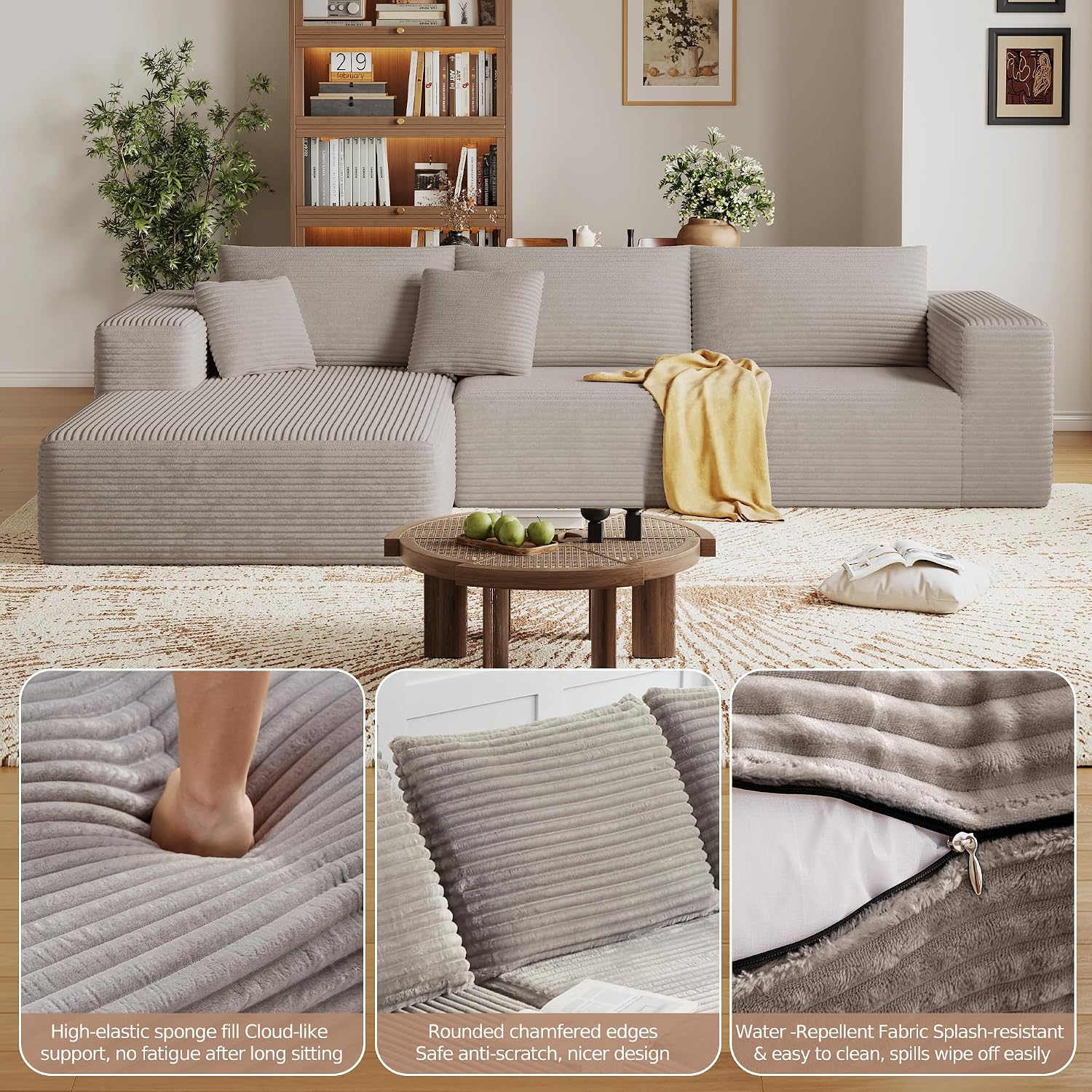 CHORRO108''Sectional Boneless Cloud Sofa,Modern Modular L-Shape Couch for Living Room,Corduroy Convertible Sponge Sleeper Sofas,Upholstered Lougne Chaise Couchs-with Soft Pillow(Camel,Left Chaise)